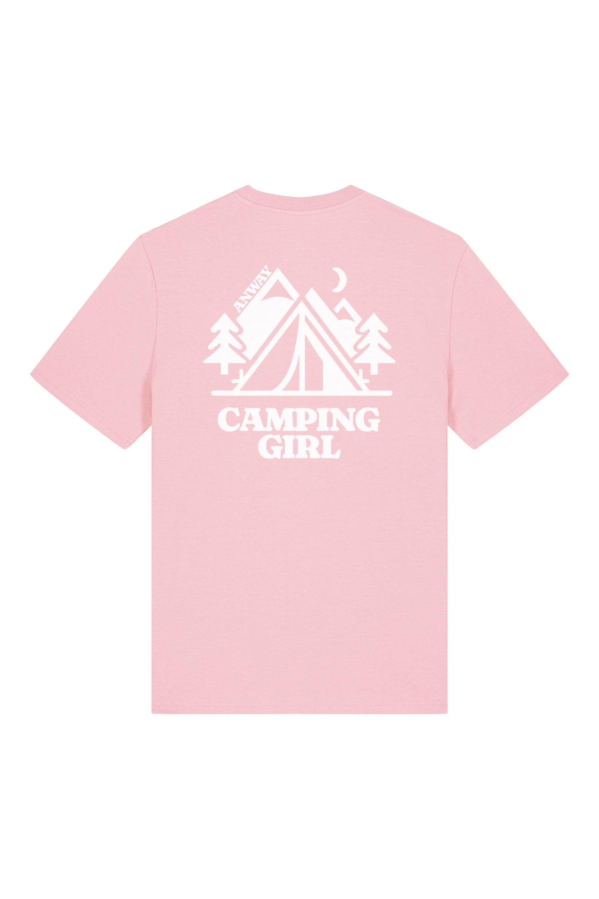 T-Shirt aus 100 % Bio-Baumwolle mit normaler Passform, erhältlich in verschiedenen Farben wie Blue Soul, Cotton Pink, Lavender, Aloe, Weiss und Schwarz. Individuell bedruckbar mit Wunschmotiv. Weiches, angenehm leichtes Material für hohen Tragekomfort. Ideal für einen zeitgemässen, entspannten Look. Mit grossem Zelt-Motiv, Bäumen, Mond und „CAMPING GIRL“-Print auf der Rückseite.