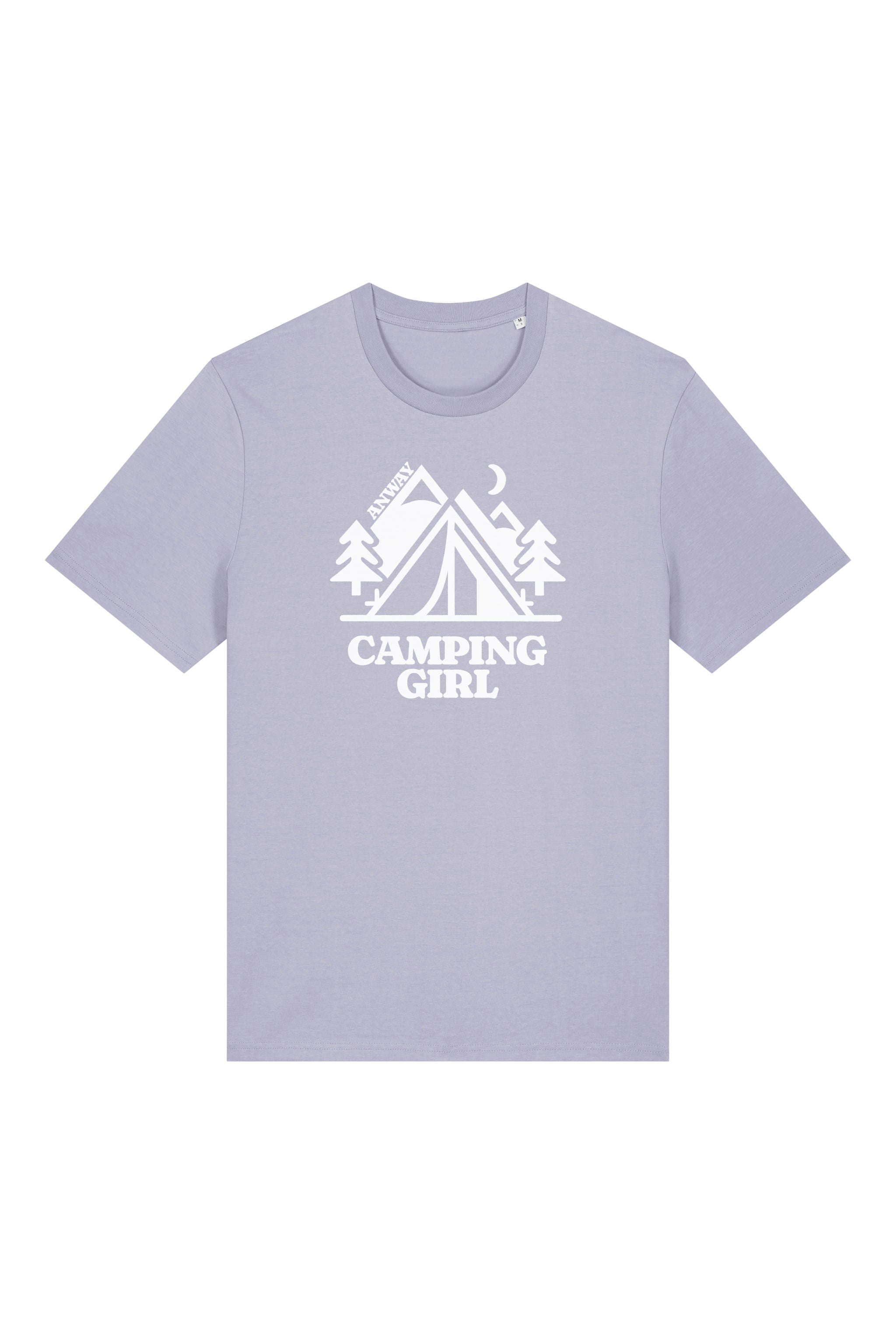T-Shirt aus 100 % Bio-Baumwolle mit normaler Passform, erhältlich in verschiedenen Farben wie Blue Soul, Cotton Pink, Lavender, Aloe, Weiss und Schwarz. Individuell bedruckbar mit Wunschmotiv. Weiches, angenehm leichtes Material für hohen Tragekomfort. Ideal für einen zeitgemässen, entspannten Look. Mit Zelt-Motiv, Bäumen, Mond und „CAMPING GIRL“-Print auf der Vorderseite.