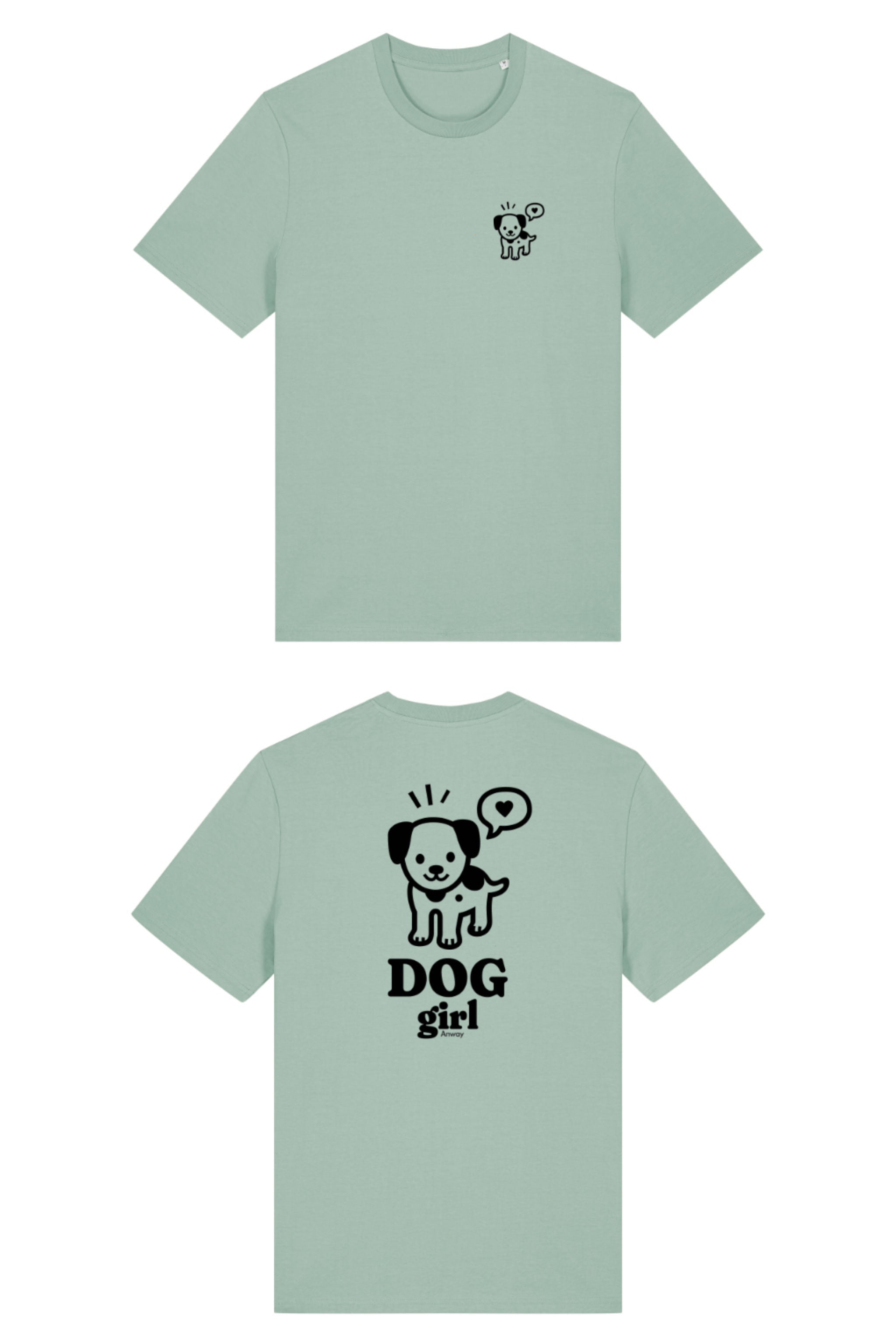 T-Shirt aus 100 % Bio-Baumwolle mit normaler Passform, erhältlich in verschiedenen Farben wie Blue Soul, Cotton Pink, Lavender, Aloe, Weiss und Schwarz. Individuell bedruckbar mit Wunschmotiv. Weiches, angenehm leichtes Material für hohen Tragekomfort. Ideal für einen zeitgemässen, entspannten Look. Vorderseite: Mit kleinem schwarzen Druck eines fröhlichen Hundes auf der linken Brust. Rückseite: Grosser schwarzer Hundedruck mit Sprechblase und der Aufschrift „DOG girl“.