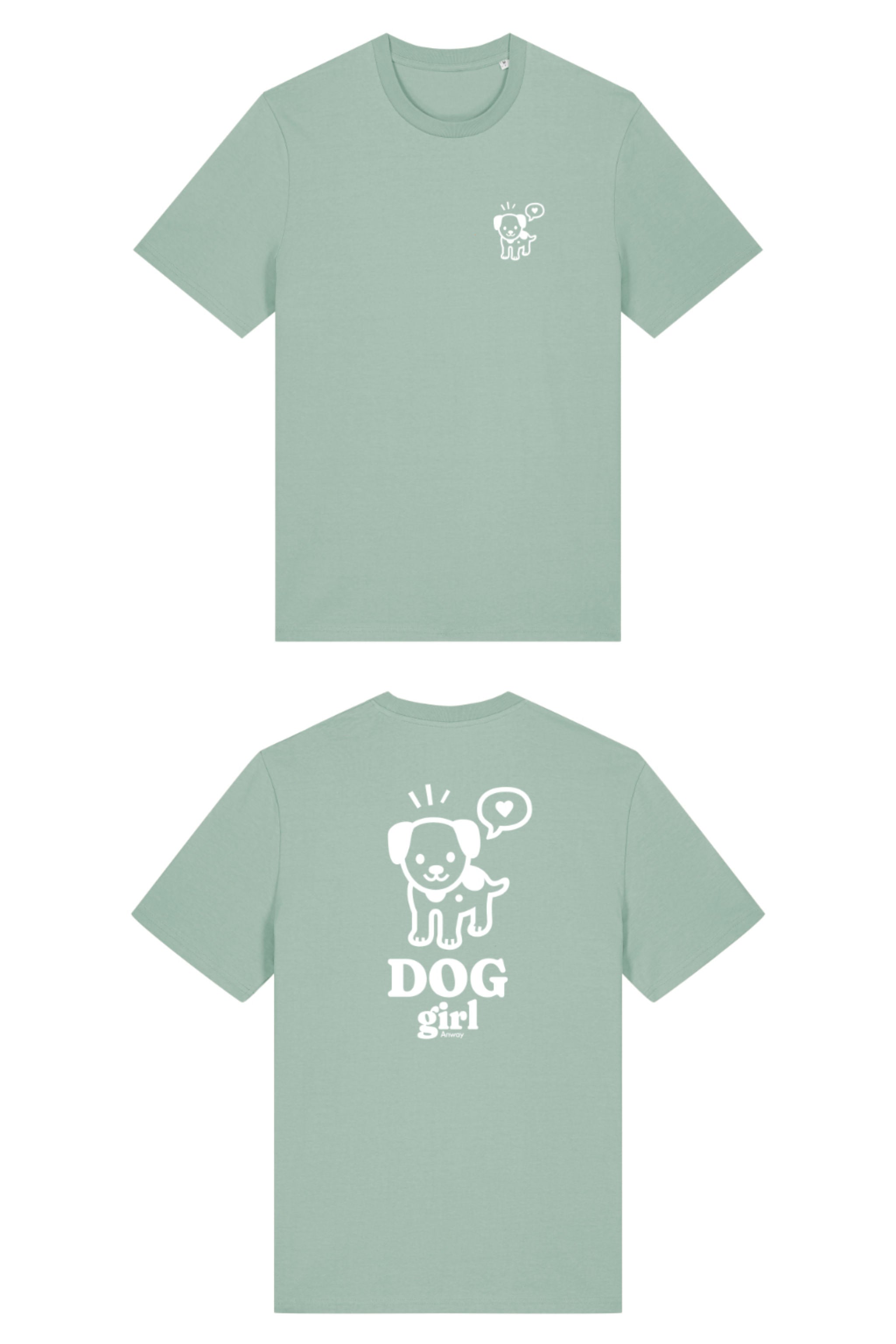 T-Shirt aus 100 % Bio-Baumwolle mit normaler Passform, erhältlich in verschiedenen Farben wie Blue Soul, Cotton Pink, Lavender, Aloe, Weiss und Schwarz. Individuell bedruckbar mit Wunschmotiv. Weiches, angenehm leichtes Material für hohen Tragekomfort. Ideal für einen zeitgemässen, entspannten Look. Vorderseite: Mit kleinem weissen Druck eines fröhlichen Hundes auf der linken Brust. Rückseite: Grosser weisser Hundedruck mit Sprechblase und der Aufschrift „DOG girl“.