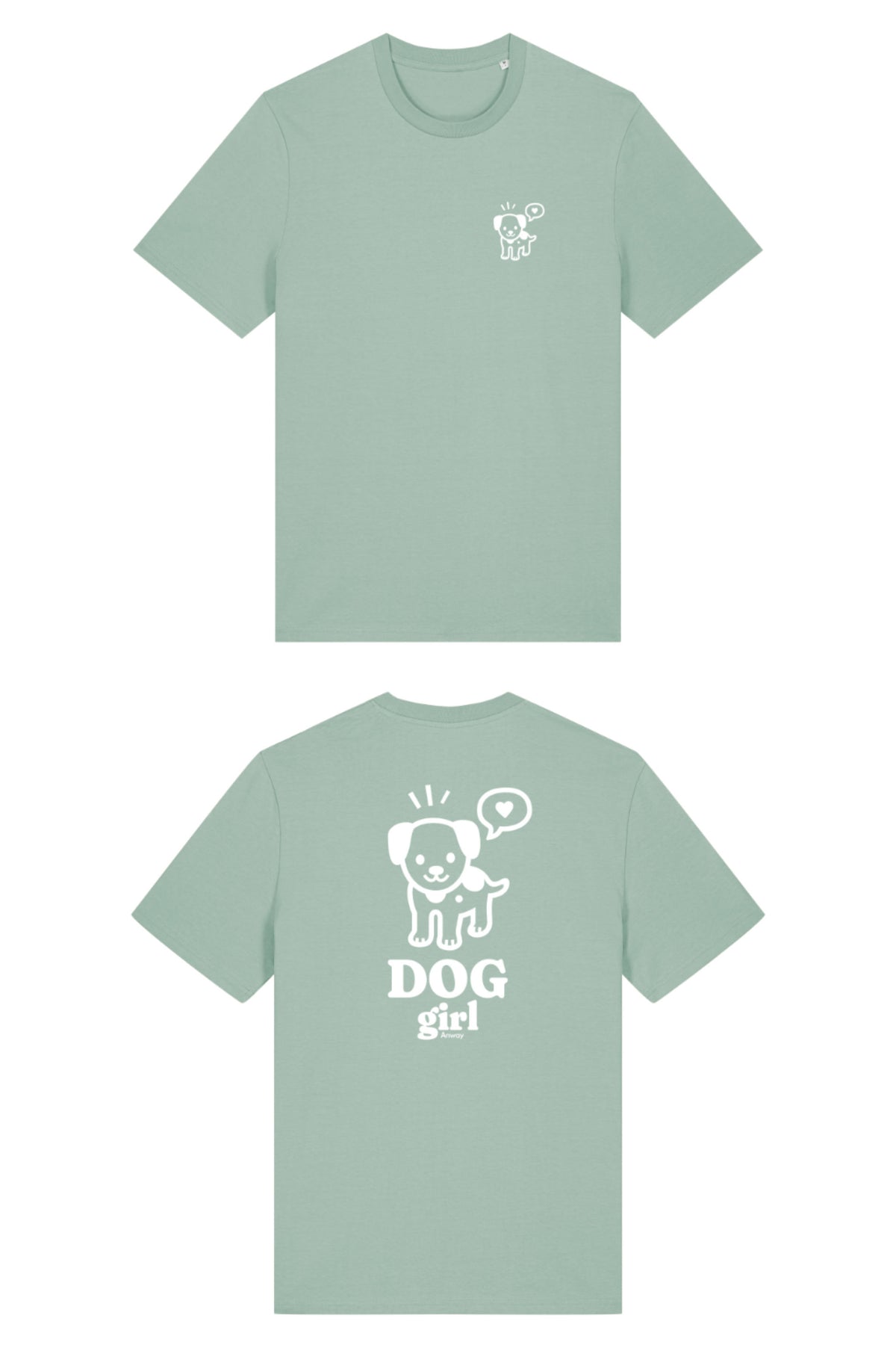 T-Shirt aus 100 % Bio-Baumwolle mit normaler Passform, erhältlich in verschiedenen Farben wie Blue Soul, Cotton Pink, Lavender, Aloe, Weiss und Schwarz. Individuell bedruckbar mit Wunschmotiv. Weiches, angenehm leichtes Material für hohen Tragekomfort. Ideal für einen zeitgemässen, entspannten Look. Vorderseite: Mit kleinem weissen Druck eines fröhlichen Hundes auf der linken Brust. Rückseite: Grosser weisser Hundedruck mit Sprechblase und der Aufschrift „DOG girl“.