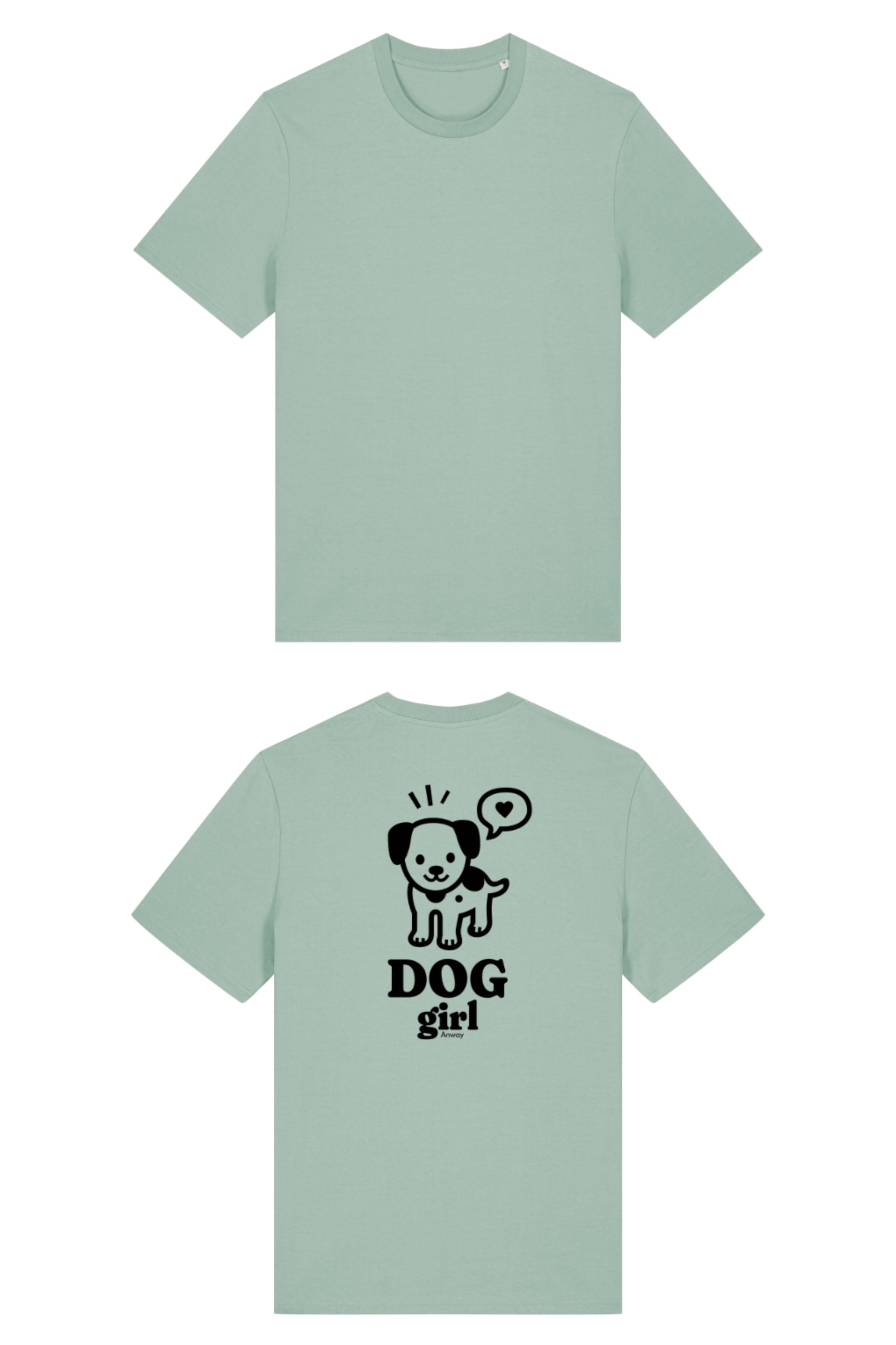 T-Shirt aus 100 % Bio-Baumwolle mit normaler Passform, erhältlich in verschiedenen Farben wie Blue Soul, Cotton Pink, Lavender, Aloe, Weiss und Schwarz. Individuell bedruckbar mit Wunschmotiv. Weiches, angenehm leichtes Material für hohen Tragekomfort. Ideal für einen zeitgemässen, entspannten Look. Grosser schwarzer Hundedruck mit Sprechblase und der Aufschrift „DOG girl“ auf der Rückseite.