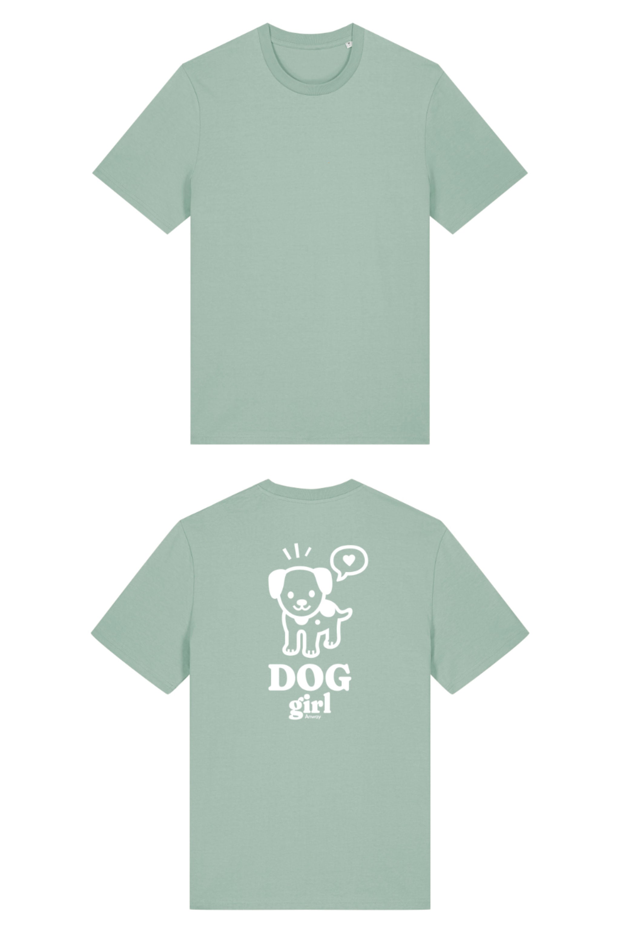 T-Shirt aus 100 % Bio-Baumwolle mit normaler Passform, erhältlich in verschiedenen Farben wie Blue Soul, Cotton Pink, Lavender, Aloe, Weiss und Schwarz. Individuell bedruckbar mit Wunschmotiv. Weiches, angenehm leichtes Material für hohen Tragekomfort. Ideal für einen zeitgemässen, entspannten Look. Grosser weisser Hundedruck mit Sprechblase und der Aufschrift „DOG girl“ auf der Rückseite.