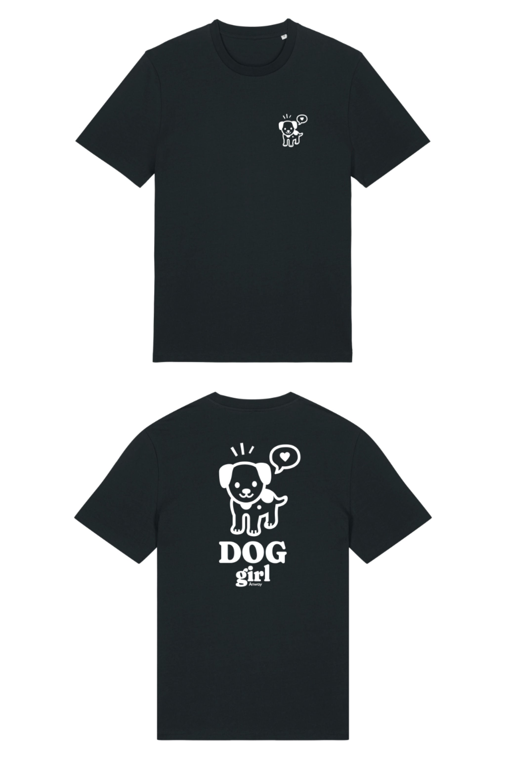 T-Shirt aus 100 % Bio-Baumwolle mit normaler Passform, erhältlich in verschiedenen Farben wie Blue Soul, Cotton Pink, Lavender, Aloe, Weiss und Schwarz. Individuell bedruckbar mit Wunschmotiv. Weiches, angenehm leichtes Material für hohen Tragekomfort. Ideal für einen zeitgemässen, entspannten Look. Vorderseite: Mit kleinem weissen Druck eines fröhlichen Hundes auf der linken Brust. Rückseite: Grosser weisser Hundedruck mit Sprechblase und der Aufschrift „DOG girl“.