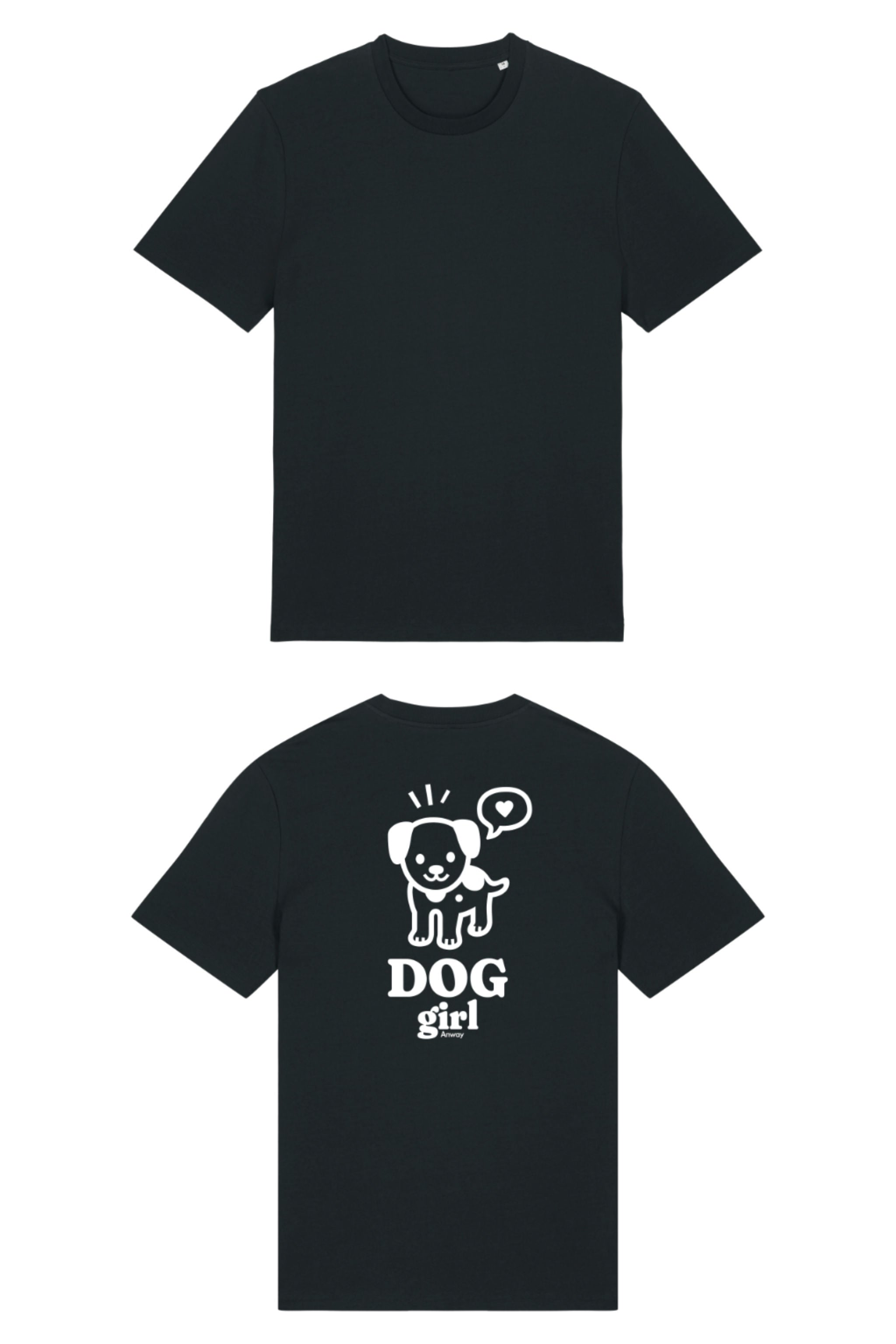 T-Shirt aus 100 % Bio-Baumwolle mit normaler Passform, erhältlich in verschiedenen Farben wie Blue Soul, Cotton Pink, Lavender, Aloe, Weiss und Schwarz. Individuell bedruckbar mit Wunschmotiv. Weiches, angenehm leichtes Material für hohen Tragekomfort. Ideal für einen zeitgemässen, entspannten Look. Grosser weisser Hundedruck mit Sprechblase und der Aufschrift „DOG girl“ auf der Rückseite.