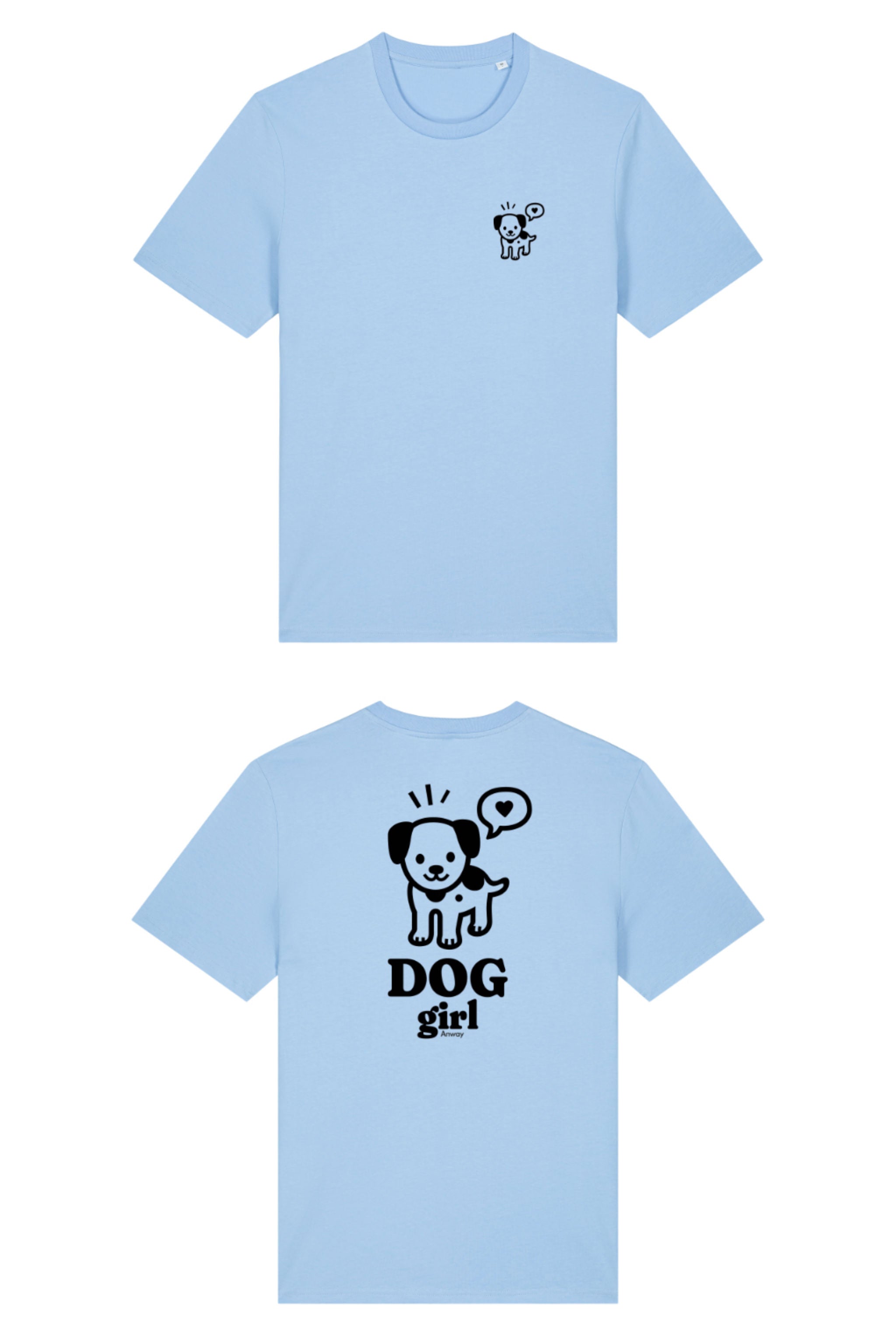 T-Shirt aus 100 % Bio-Baumwolle mit normaler Passform, erhältlich in verschiedenen Farben wie Blue Soul, Cotton Pink, Lavender, Aloe, Weiss und Schwarz. Individuell bedruckbar mit Wunschmotiv. Weiches, angenehm leichtes Material für hohen Tragekomfort. Ideal für einen zeitgemässen, entspannten Look. Vorderseite: Mit kleinem schwarzen Druck eines fröhlichen Hundes auf der linken Brust. Rückseite: Grosser schwarzer Hundedruck mit Sprechblase und der Aufschrift „DOG girl“.