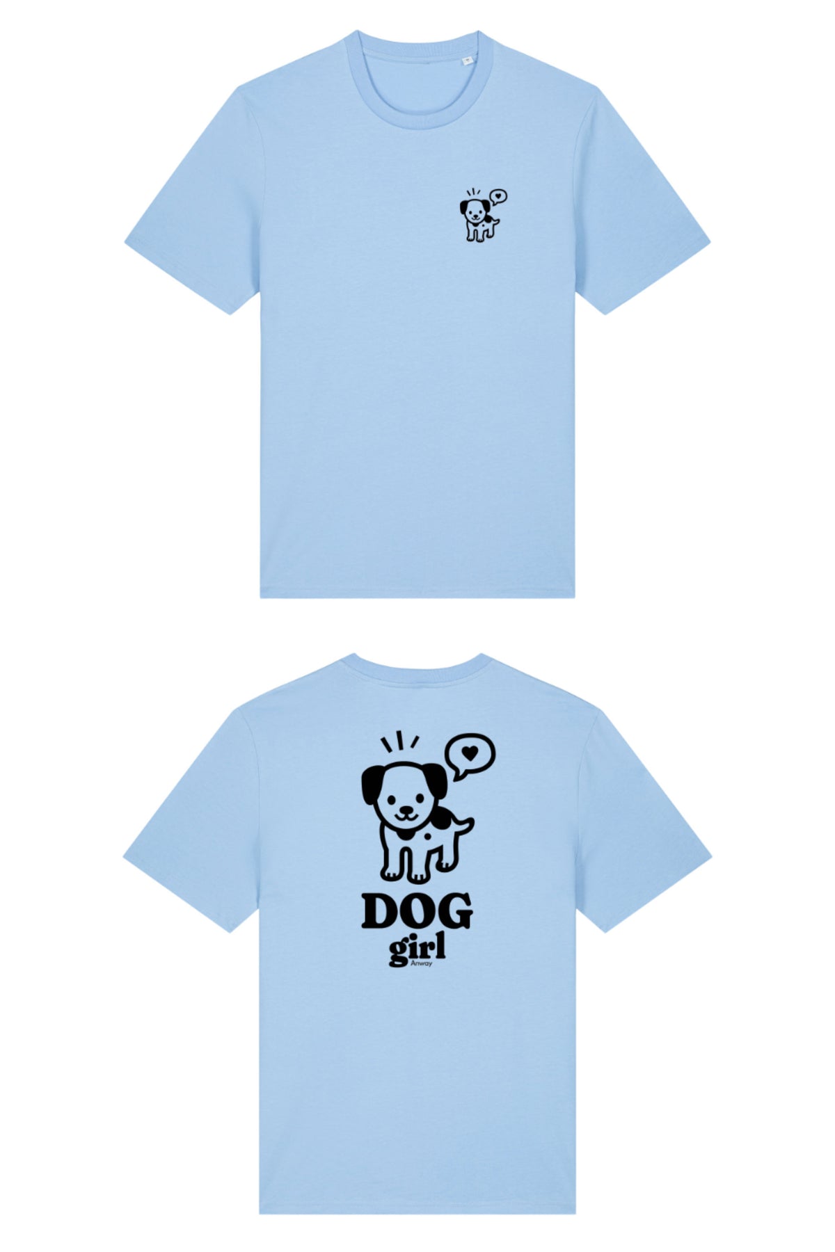 T-Shirt aus 100 % Bio-Baumwolle mit normaler Passform, erhältlich in verschiedenen Farben wie Blue Soul, Cotton Pink, Lavender, Aloe, Weiss und Schwarz. Individuell bedruckbar mit Wunschmotiv. Weiches, angenehm leichtes Material für hohen Tragekomfort. Ideal für einen zeitgemässen, entspannten Look. Vorderseite: Mit kleinem schwarzen Druck eines fröhlichen Hundes auf der linken Brust. Rückseite: Grosser schwarzer Hundedruck mit Sprechblase und der Aufschrift „DOG girl“.