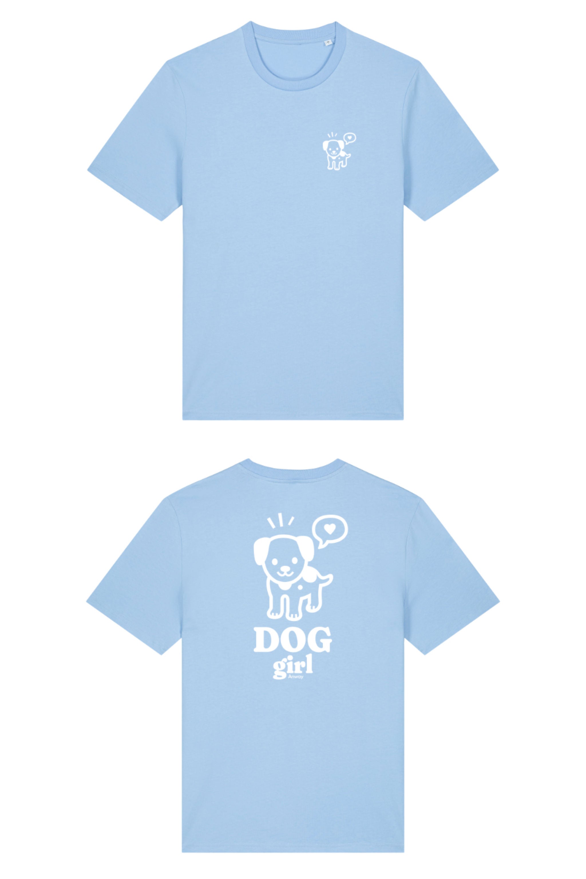 T-Shirt aus 100 % Bio-Baumwolle mit normaler Passform, erhältlich in verschiedenen Farben wie Blue Soul, Cotton Pink, Lavender, Aloe, Weiss und Schwarz. Individuell bedruckbar mit Wunschmotiv. Weiches, angenehm leichtes Material für hohen Tragekomfort. Ideal für einen zeitgemässen, entspannten Look. Vorderseite: Mit kleinem weissen Druck eines fröhlichen Hundes auf der linken Brust. Rückseite: Grosser weisser Hundedruck mit Sprechblase und der Aufschrift „DOG girl“.
