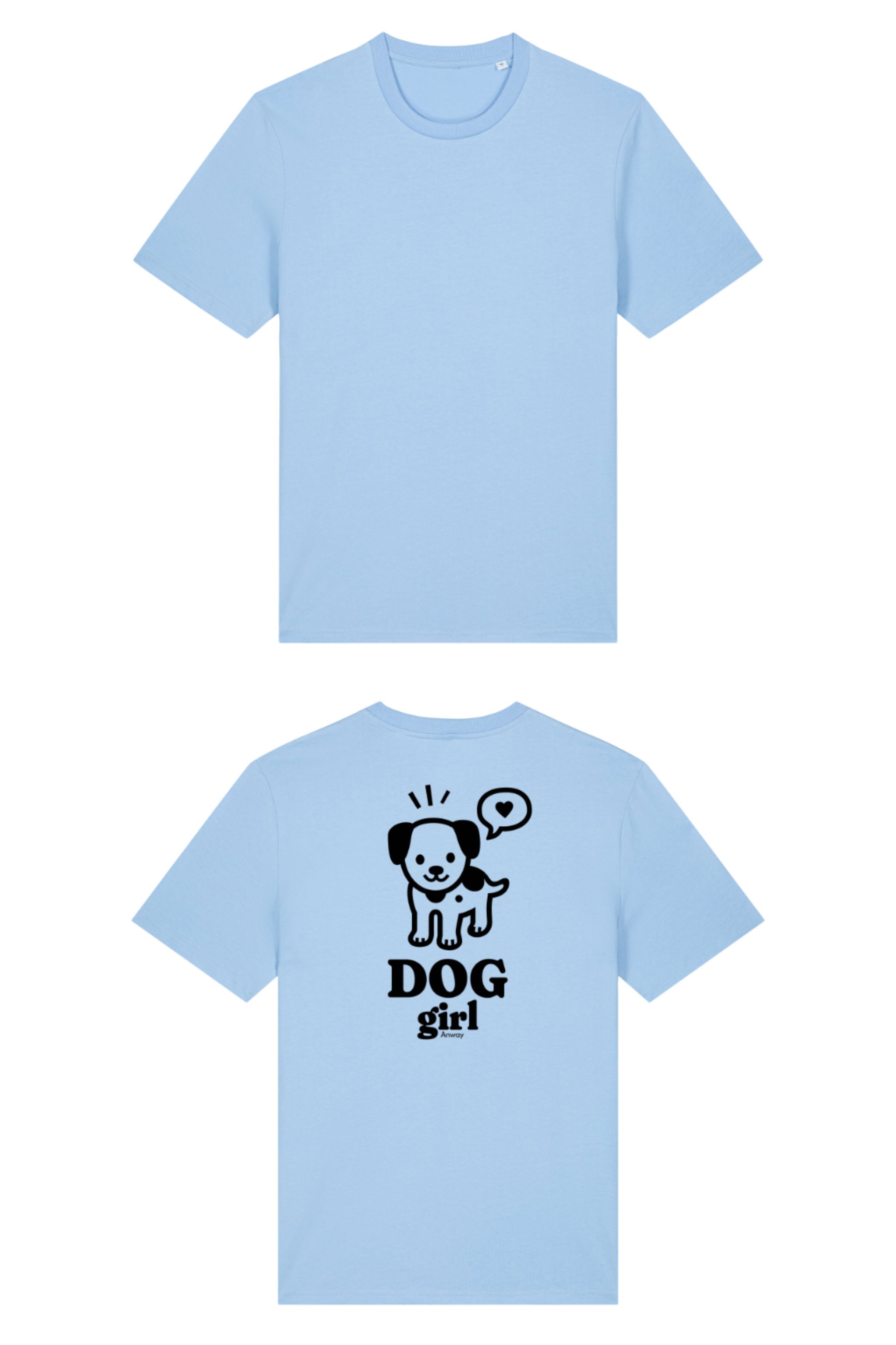 T-Shirt aus 100 % Bio-Baumwolle mit normaler Passform, erhältlich in verschiedenen Farben wie Blue Soul, Cotton Pink, Lavender, Aloe, Weiss und Schwarz. Individuell bedruckbar mit Wunschmotiv. Weiches, angenehm leichtes Material für hohen Tragekomfort. Ideal für einen zeitgemässen, entspannten Look. Grosser schwarzer Hundedruck mit Sprechblase und der Aufschrift „DOG girl“ auf der Rückseite.