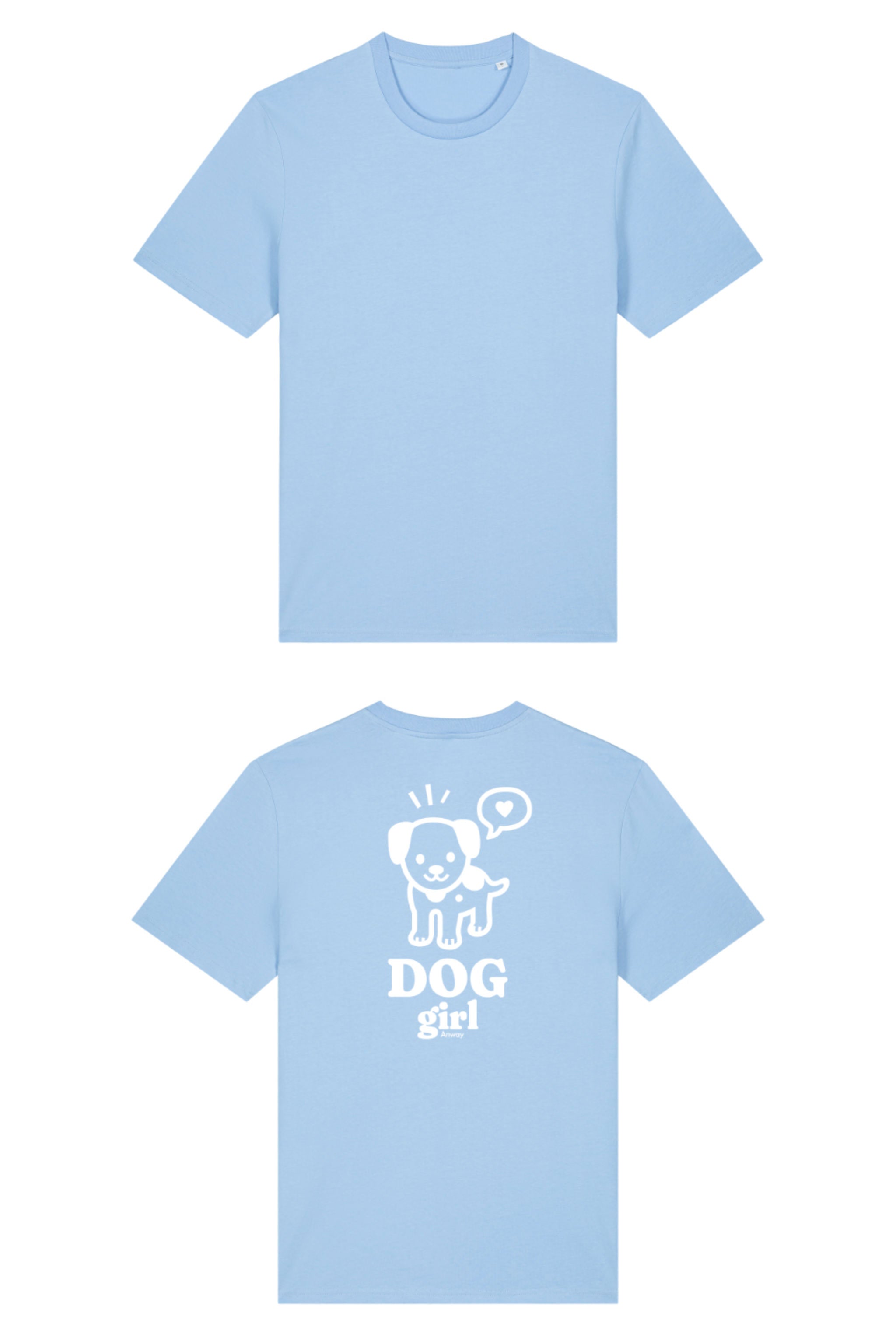 T-Shirt aus 100 % Bio-Baumwolle mit normaler Passform, erhältlich in verschiedenen Farben wie Blue Soul, Cotton Pink, Lavender, Aloe, Weiss und Schwarz. Individuell bedruckbar mit Wunschmotiv. Weiches, angenehm leichtes Material für hohen Tragekomfort. Ideal für einen zeitgemässen, entspannten Look. Grosser weisser Hundedruck mit Sprechblase und der Aufschrift „DOG girl“ auf der Rückseite.