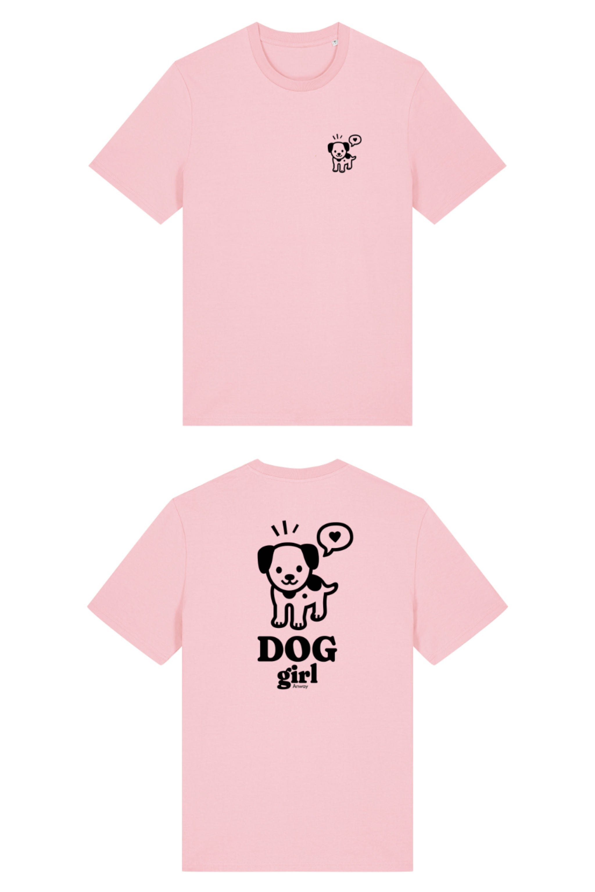 T-Shirt aus 100 % Bio-Baumwolle mit normaler Passform, erhältlich in verschiedenen Farben wie Blue Soul, Cotton Pink, Lavender, Aloe, Weiss und Schwarz. Individuell bedruckbar mit Wunschmotiv. Weiches, angenehm leichtes Material für hohen Tragekomfort. Ideal für einen zeitgemässen, entspannten Look. Vorderseite: Mit kleinem schwarzen Druck eines fröhlichen Hundes auf der linken Brust. Rückseite: Grosser schwarzer Hundedruck mit Sprechblase und der Aufschrift „DOG girl“.