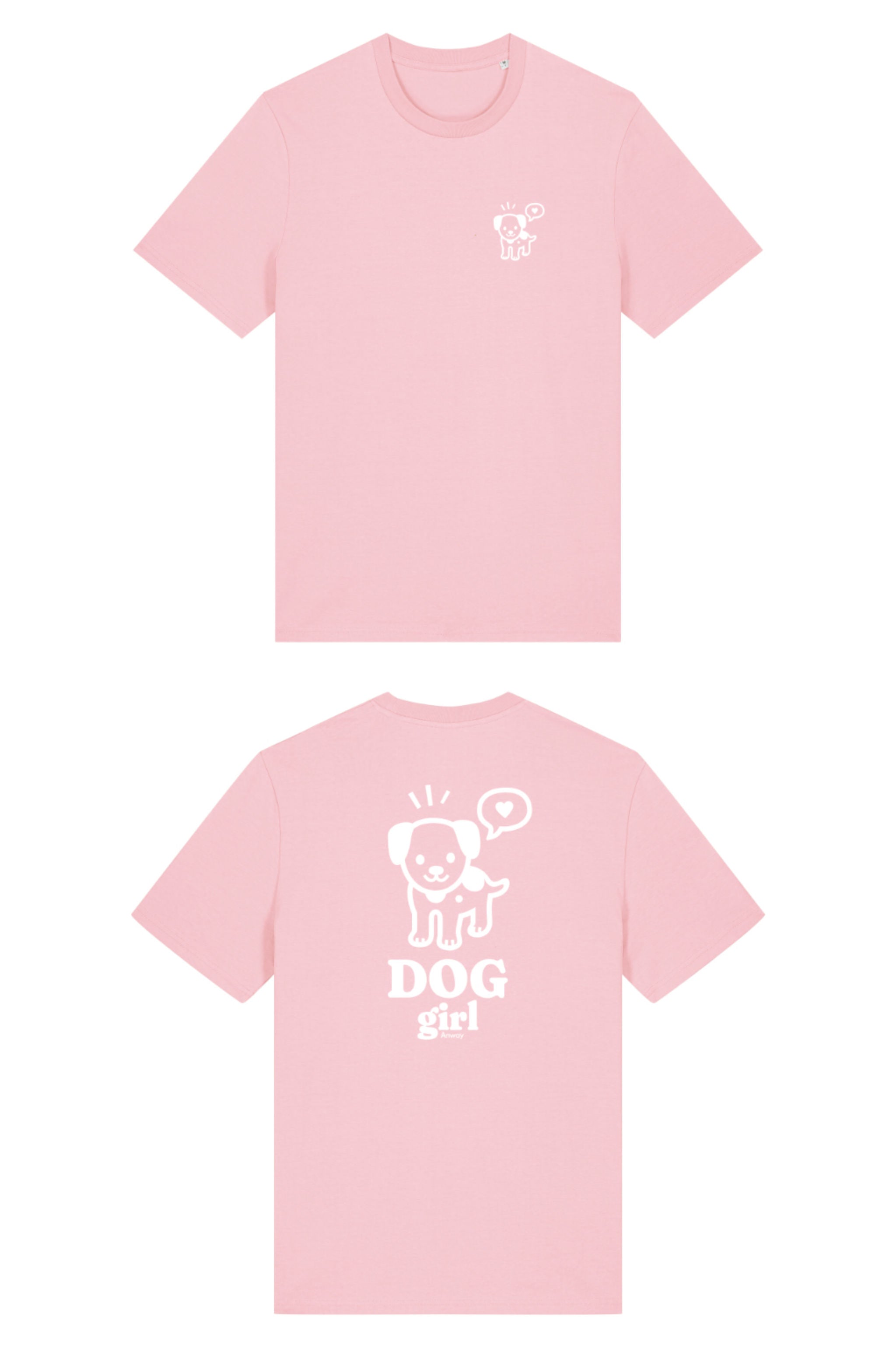 T-Shirt aus 100 % Bio-Baumwolle mit normaler Passform, erhältlich in verschiedenen Farben wie Blue Soul, Cotton Pink, Lavender, Aloe, Weiss und Schwarz. Individuell bedruckbar mit Wunschmotiv. Weiches, angenehm leichtes Material für hohen Tragekomfort. Ideal für einen zeitgemässen, entspannten Look. Vorderseite: Mit kleinem weissen Druck eines fröhlichen Hundes auf der linken Brust. Rückseite: Grosser weisser Hundedruck mit Sprechblase und der Aufschrift „DOG girl“.