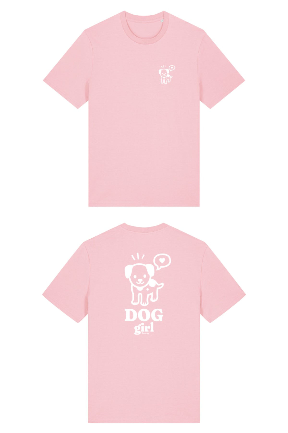 T-Shirt aus 100 % Bio-Baumwolle mit normaler Passform, erhältlich in verschiedenen Farben wie Blue Soul, Cotton Pink, Lavender, Aloe, Weiss und Schwarz. Individuell bedruckbar mit Wunschmotiv. Weiches, angenehm leichtes Material für hohen Tragekomfort. Ideal für einen zeitgemässen, entspannten Look. Vorderseite: Mit kleinem weissen Druck eines fröhlichen Hundes auf der linken Brust. Rückseite: Grosser weisser Hundedruck mit Sprechblase und der Aufschrift „DOG girl“.