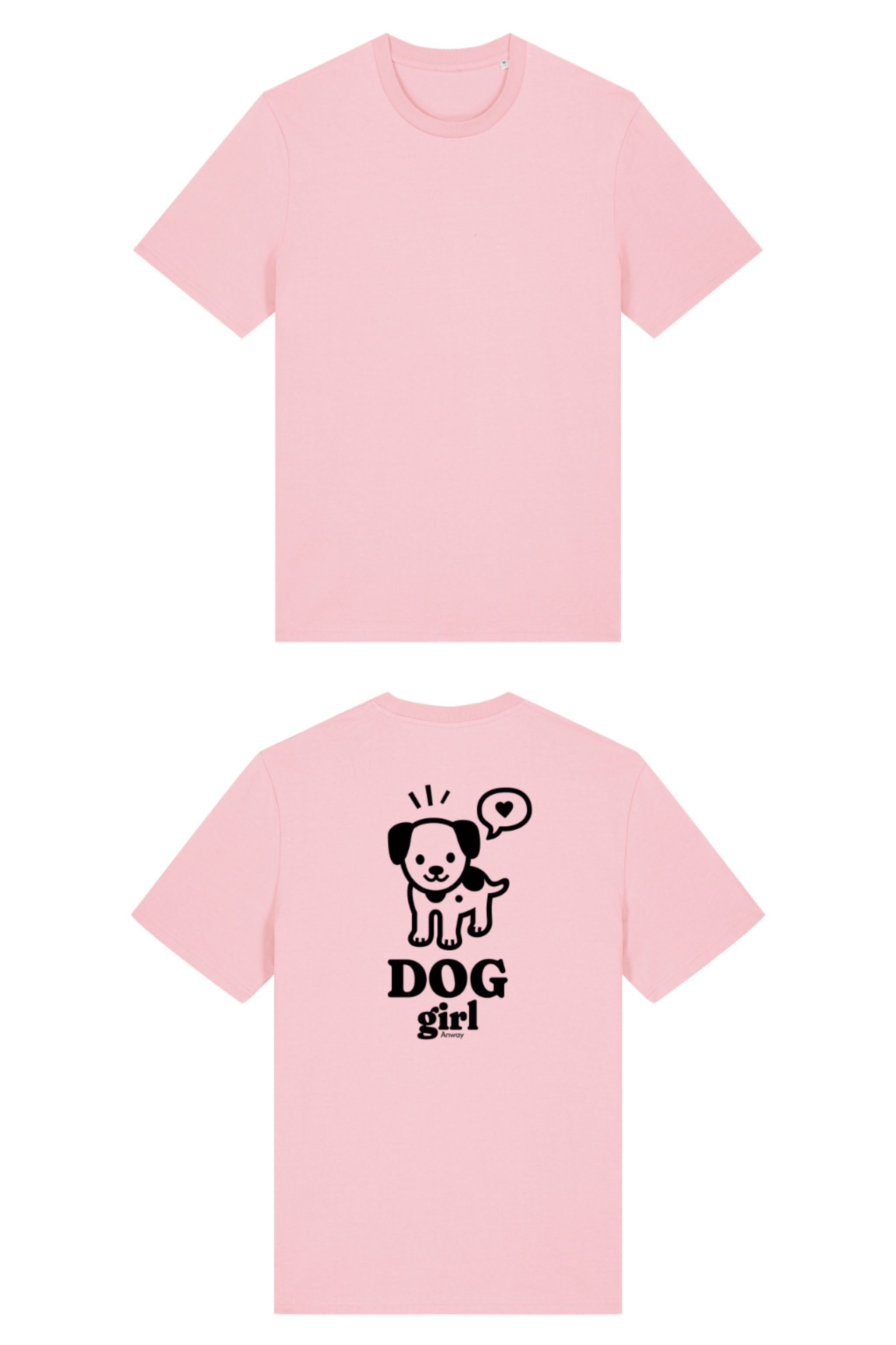 T-Shirt aus 100 % Bio-Baumwolle mit normaler Passform, erhältlich in verschiedenen Farben wie Blue Soul, Cotton Pink, Lavender, Aloe, Weiss und Schwarz. Individuell bedruckbar mit Wunschmotiv. Weiches, angenehm leichtes Material für hohen Tragekomfort. Ideal für einen zeitgemässen, entspannten Look. Grosser weisser Hundedruck mit Sprechblase und der Aufschrift „DOG girl“ auf der Rückseite.