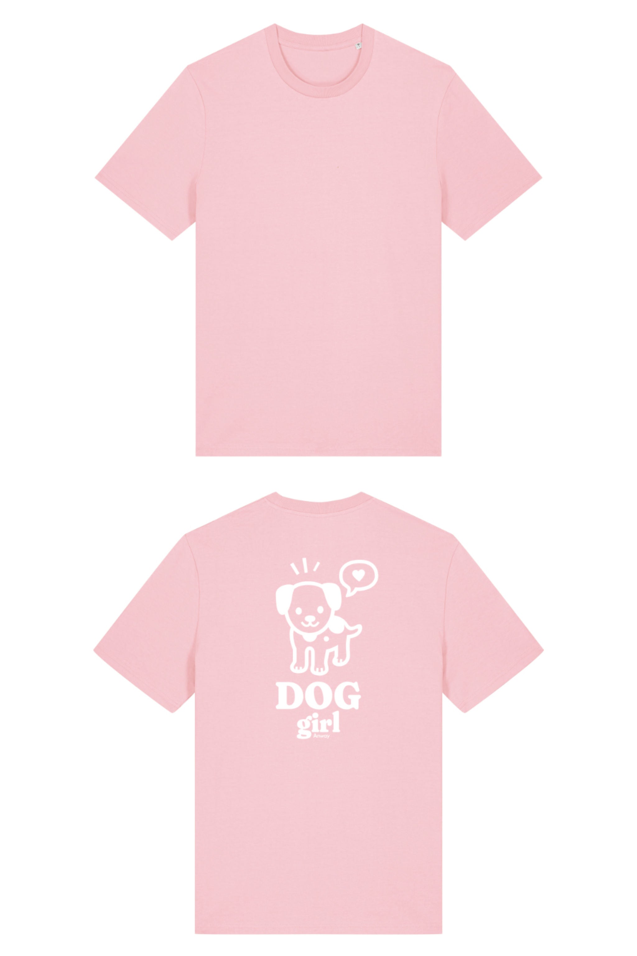 T-Shirt aus 100 % Bio-Baumwolle mit normaler Passform, erhältlich in verschiedenen Farben wie Blue Soul, Cotton Pink, Lavender, Aloe, Weiss und Schwarz. Individuell bedruckbar mit Wunschmotiv. Weiches, angenehm leichtes Material für hohen Tragekomfort. Ideal für einen zeitgemässen, entspannten Look. Grosser schwarzer Hundedruck mit Sprechblase und der Aufschrift „DOG girl“ auf der Rückseite.