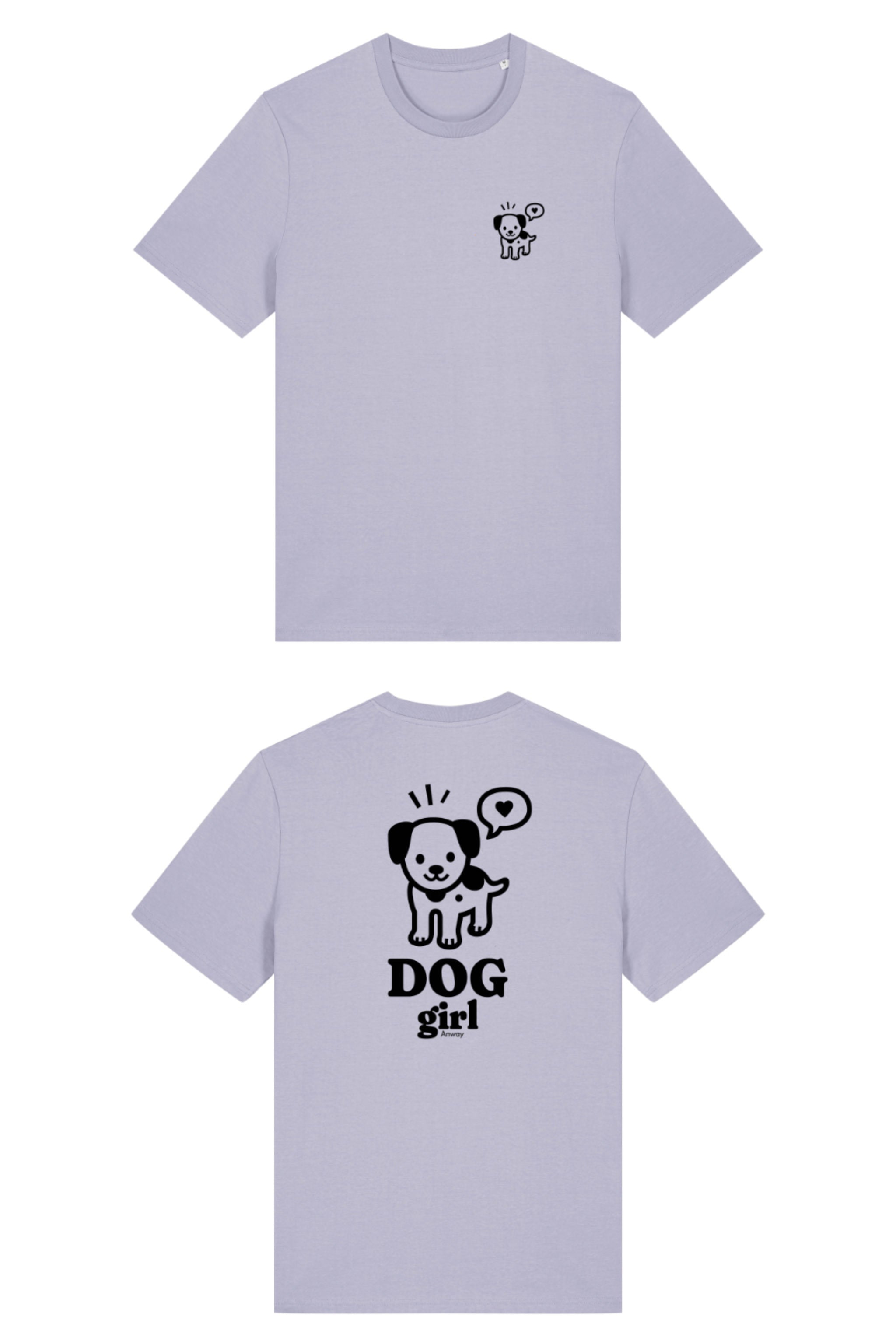 T-Shirt aus 100 % Bio-Baumwolle mit normaler Passform, erhältlich in verschiedenen Farben wie Blue Soul, Cotton Pink, Lavender, Aloe, Weiss und Schwarz. Individuell bedruckbar mit Wunschmotiv. Weiches, angenehm leichtes Material für hohen Tragekomfort. Ideal für einen zeitgemässen, entspannten Look. Vorderseite: Mit kleinem schwarzen Druck eines fröhlichen Hundes auf der linken Brust. Rückseite: Grosser schwarzer Hundedruck mit Sprechblase und der Aufschrift „DOG girl“.
