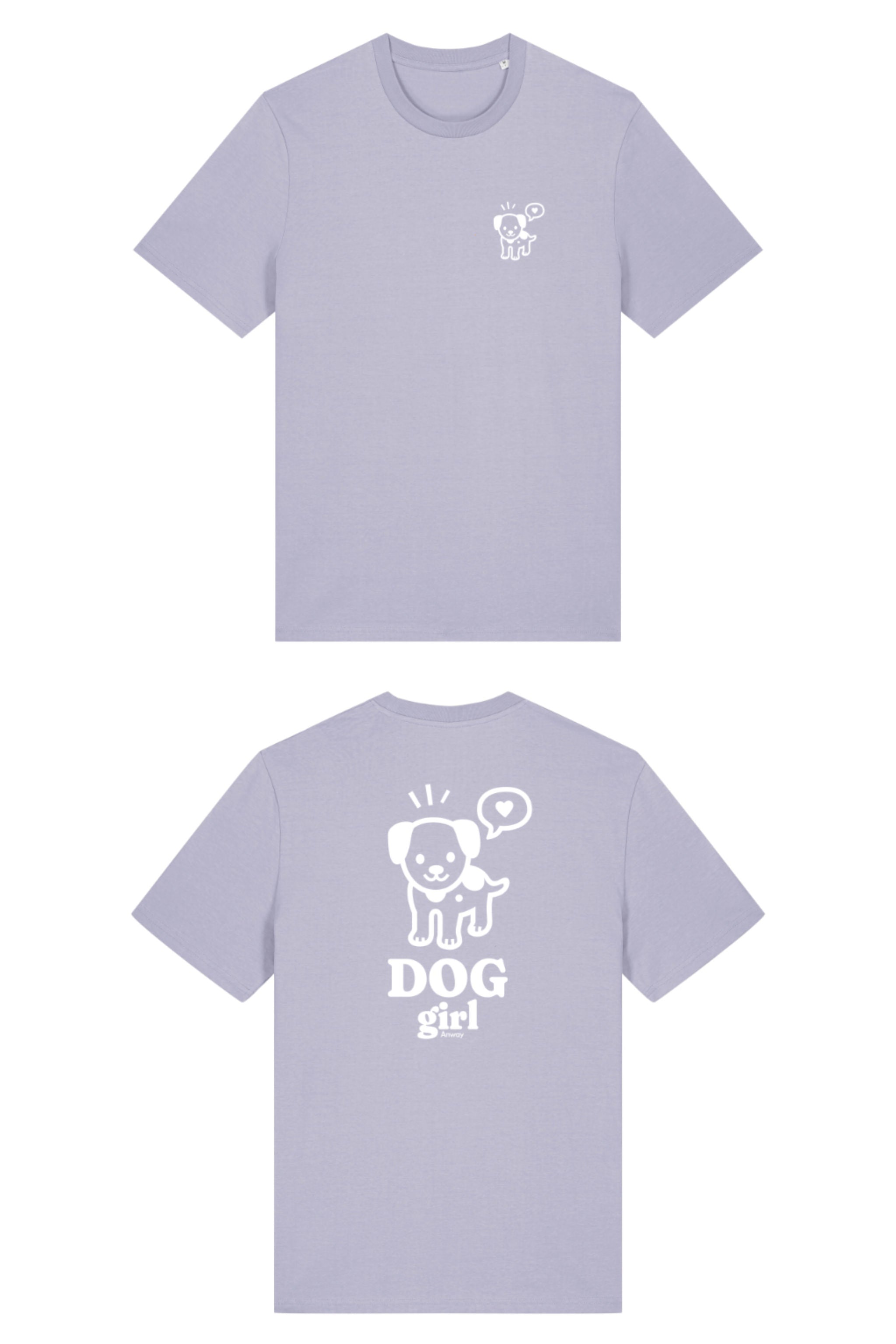 T-Shirt aus 100 % Bio-Baumwolle mit normaler Passform, erhältlich in verschiedenen Farben wie Blue Soul, Cotton Pink, Lavender, Aloe, Weiss und Schwarz. Individuell bedruckbar mit Wunschmotiv. Weiches, angenehm leichtes Material für hohen Tragekomfort. Ideal für einen zeitgemässen, entspannten Look. Vorderseite: Mit kleinem weissen Druck eines fröhlichen Hundes auf der linken Brust. Rückseite: Grosser weisser Hundedruck mit Sprechblase und der Aufschrift „DOG girl“.
