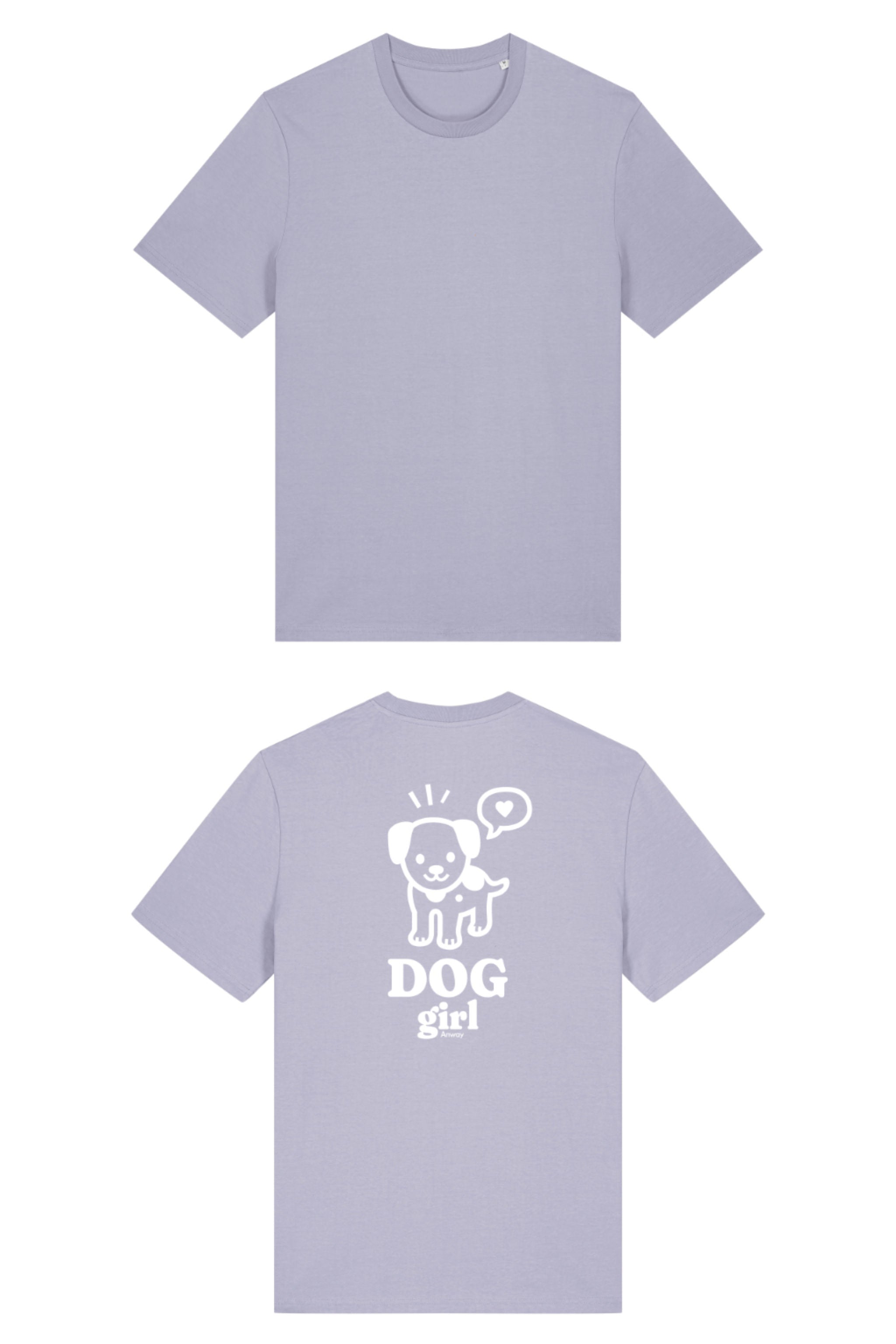 T-Shirt aus 100 % Bio-Baumwolle mit normaler Passform, erhältlich in verschiedenen Farben wie Blue Soul, Cotton Pink, Lavender, Aloe, Weiss und Schwarz. Individuell bedruckbar mit Wunschmotiv. Weiches, angenehm leichtes Material für hohen Tragekomfort. Ideal für einen zeitgemässen, entspannten Look. Grosser weisser Hundedruck mit Sprechblase und der Aufschrift „DOG girl“ auf der Rückseite.