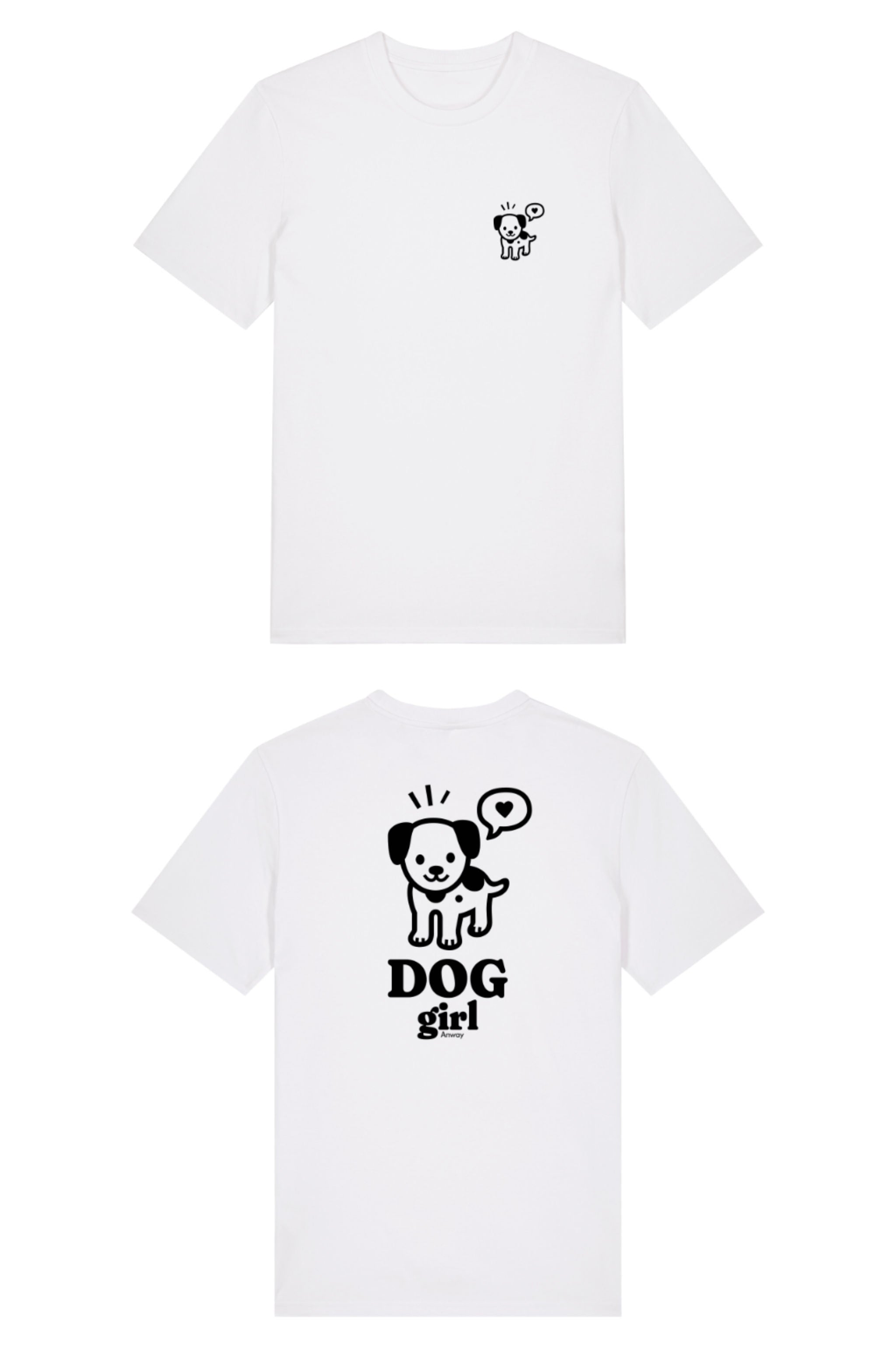 T-Shirt aus 100 % Bio-Baumwolle mit normaler Passform, erhältlich in verschiedenen Farben wie Blue Soul, Cotton Pink, Lavender, Aloe, Weiss und Schwarz. Individuell bedruckbar mit Wunschmotiv. Weiches, angenehm leichtes Material für hohen Tragekomfort. Ideal für einen zeitgemässen, entspannten Look. Vorderseite: Mit kleinem schwarzen Druck eines fröhlichen Hundes auf der linken Brust. Rückseite: Grosser schwarzer Hundedruck mit Sprechblase und der Aufschrift „DOG girl“.