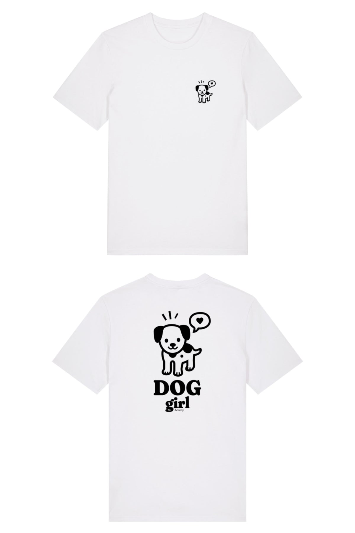 T-Shirt aus 100 % Bio-Baumwolle mit normaler Passform, erhältlich in verschiedenen Farben wie Blue Soul, Cotton Pink, Lavender, Aloe, Weiss und Schwarz. Individuell bedruckbar mit Wunschmotiv. Weiches, angenehm leichtes Material für hohen Tragekomfort. Ideal für einen zeitgemässen, entspannten Look. Vorderseite: Mit kleinem schwarzen Druck eines fröhlichen Hundes auf der linken Brust. Rückseite: Grosser schwarzer Hundedruck mit Sprechblase und der Aufschrift „DOG girl“.