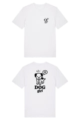 T-Shirt aus 100 % Bio-Baumwolle mit normaler Passform, erhältlich in verschiedenen Farben wie Blue Soul, Cotton Pink, Lavender, Aloe, Weiss und Schwarz. Individuell bedruckbar mit Wunschmotiv. Weiches, angenehm leichtes Material für hohen Tragekomfort. Ideal für einen zeitgemässen, entspannten Look. Vorderseite: Mit kleinem schwarzen Druck eines fröhlichen Hundes auf der linken Brust. Rückseite: Grosser schwarzer Hundedruck mit Sprechblase und der Aufschrift „DOG girl“.