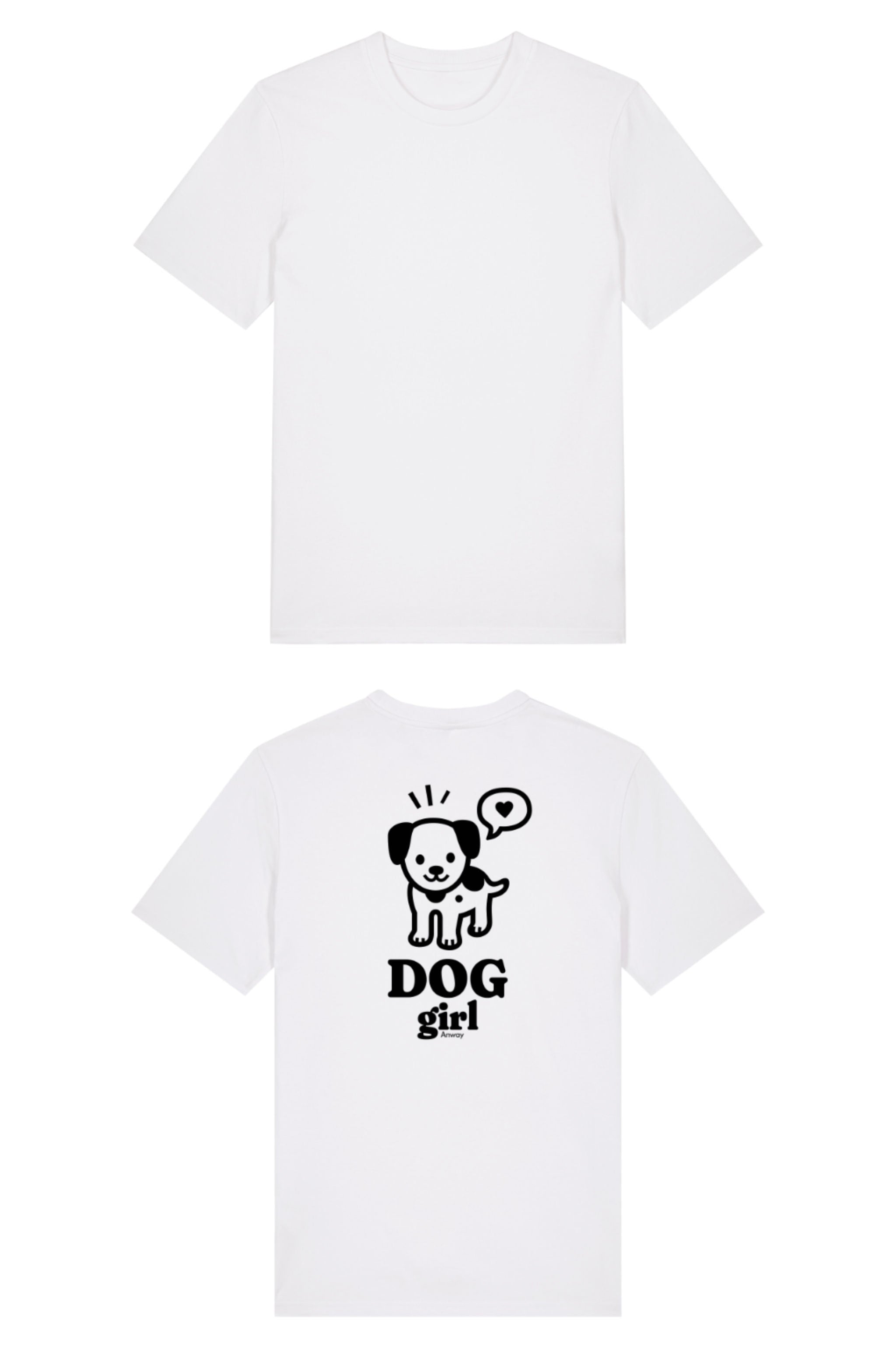 T-Shirt aus 100 % Bio-Baumwolle mit normaler Passform, erhältlich in verschiedenen Farben wie Blue Soul, Cotton Pink, Lavender, Aloe, Weiss und Schwarz. Individuell bedruckbar mit Wunschmotiv. Weiches, angenehm leichtes Material für hohen Tragekomfort. Ideal für einen zeitgemässen, entspannten Look. Grosser schwarzer Hundedruck mit Sprechblase und der Aufschrift „DOG girl“ auf der Rückseite.