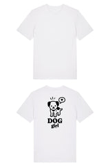 T-Shirt aus 100 % Bio-Baumwolle mit normaler Passform, erhältlich in verschiedenen Farben wie Blue Soul, Cotton Pink, Lavender, Aloe, Weiss und Schwarz. Individuell bedruckbar mit Wunschmotiv. Weiches, angenehm leichtes Material für hohen Tragekomfort. Ideal für einen zeitgemässen, entspannten Look. Grosser schwarzer Hundedruck mit Sprechblase und der Aufschrift „DOG girl“ auf der Rückseite.