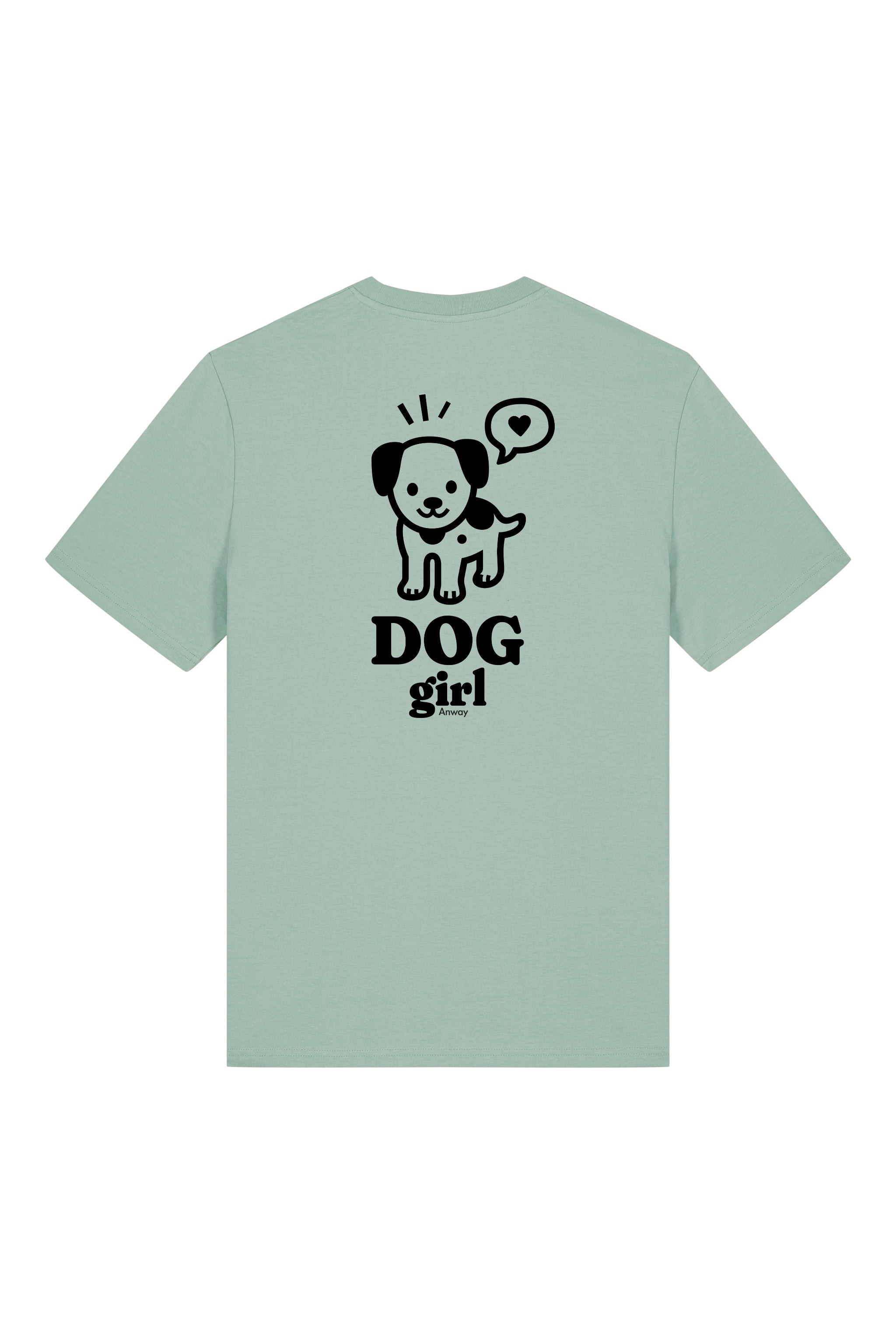 T-Shirt aus 100 % Bio-Baumwolle mit normaler Passform, erhältlich in verschiedenen Farben wie Blue Soul, Cotton Pink, Lavender, Aloe, Weiss und Schwarz. Individuell bedruckbar mit Wunschmotiv. Weiches, angenehm leichtes Material für hohen Tragekomfort. Ideal für einen zeitgemässen, entspannten Look. Grosser schwarzer Hundedruck mit Sprechblase und der Aufschrift „DOG girl“ auf der Rückseite.