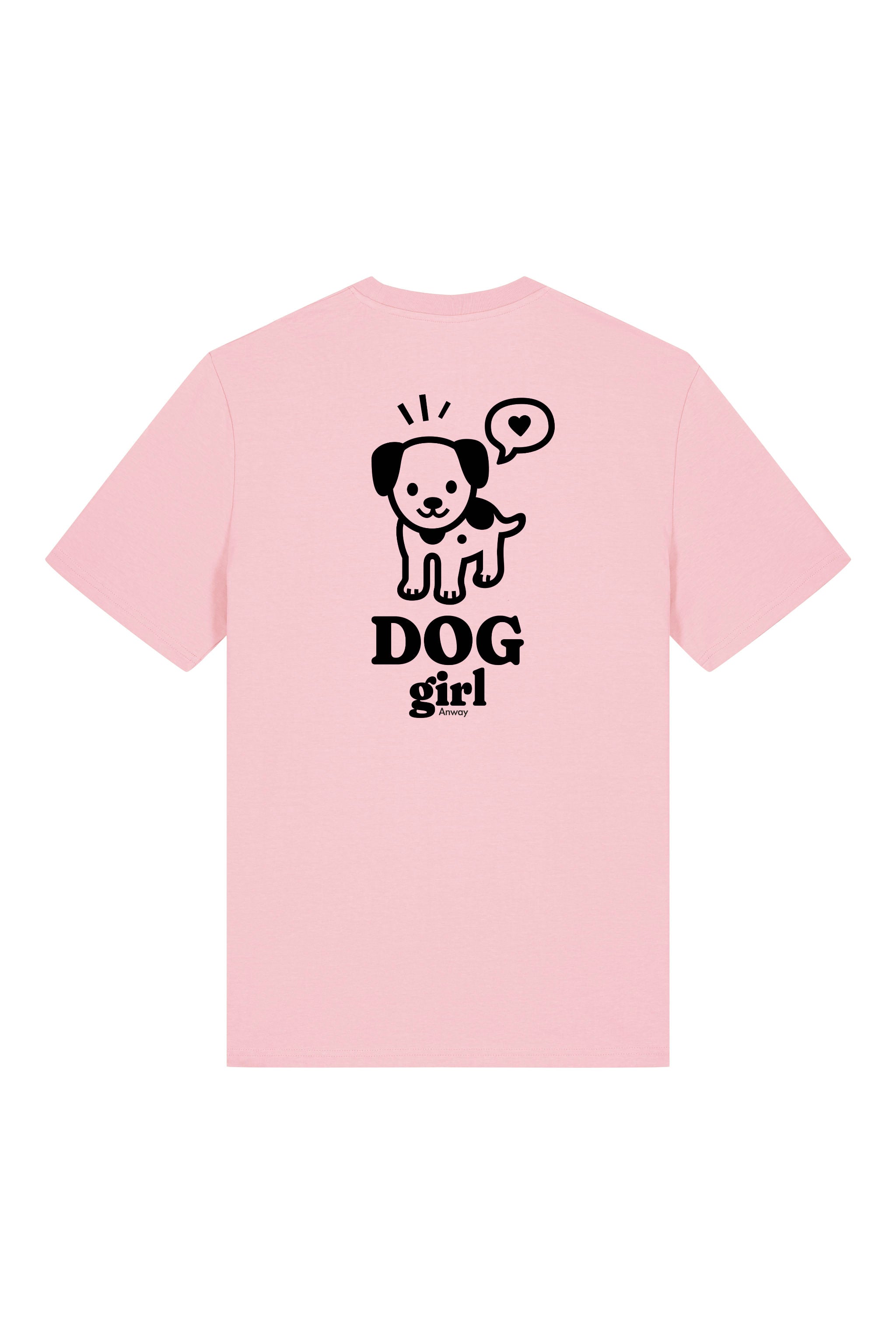 T-Shirt aus 100 % Bio-Baumwolle mit normaler Passform, erhältlich in verschiedenen Farben wie Blue Soul, Cotton Pink, Lavender, Aloe, Weiss und Schwarz. Individuell bedruckbar mit Wunschmotiv. Weiches, angenehm leichtes Material für hohen Tragekomfort. Ideal für einen zeitgemässen, entspannten Look. Grosser weisser Hundedruck mit Sprechblase und der Aufschrift „DOG girl“ auf der Rückseite.