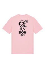 T-Shirt aus 100 % Bio-Baumwolle mit normaler Passform, erhältlich in verschiedenen Farben wie Blue Soul, Cotton Pink, Lavender, Aloe, Weiss und Schwarz. Individuell bedruckbar mit Wunschmotiv. Weiches, angenehm leichtes Material für hohen Tragekomfort. Ideal für einen zeitgemässen, entspannten Look. Vorderseite: Mit kleinem schwarzen Druck eines fröhlichen Hundes auf der linken Brust. Rückseite: Grosser schwarzer Hundedruck mit Sprechblase und der Aufschrift „DOG girl“.