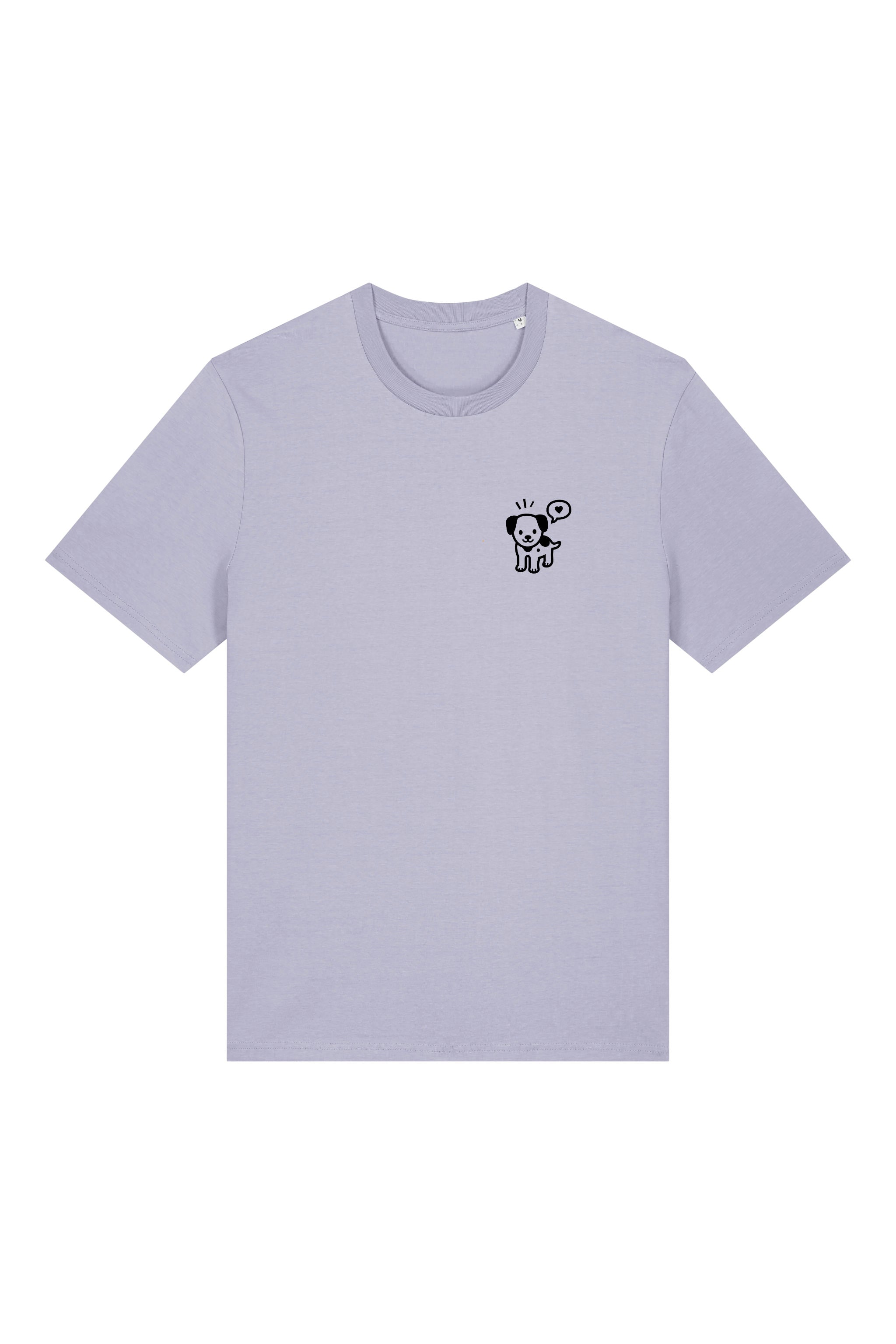 T-Shirt aus 100 % Bio-Baumwolle mit normaler Passform, erhältlich in verschiedenen Farben wie Blue Soul, Cotton Pink, Lavender, Aloe, Weiss und Schwarz. Individuell bedruckbar mit Wunschmotiv. Weiches, angenehm leichtes Material für hohen Tragekomfort. Ideal für einen zeitgemässen, entspannten Look. Mit kleinem schwarzen Druck eines fröhlichen Hundes auf der linken Brust.