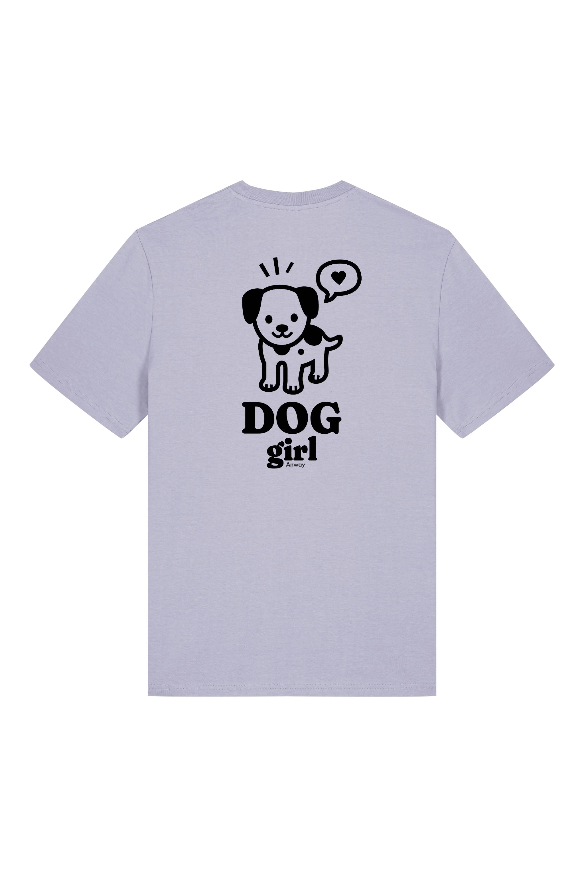 T-Shirt aus 100 % Bio-Baumwolle mit normaler Passform, erhältlich in verschiedenen Farben wie Blue Soul, Cotton Pink, Lavender, Aloe, Weiss und Schwarz. Individuell bedruckbar mit Wunschmotiv. Weiches, angenehm leichtes Material für hohen Tragekomfort. Ideal für einen zeitgemässen, entspannten Look. Grosser schwarzer Hundedruck mit Sprechblase und der Aufschrift „DOG girl“ auf der Rückseite.