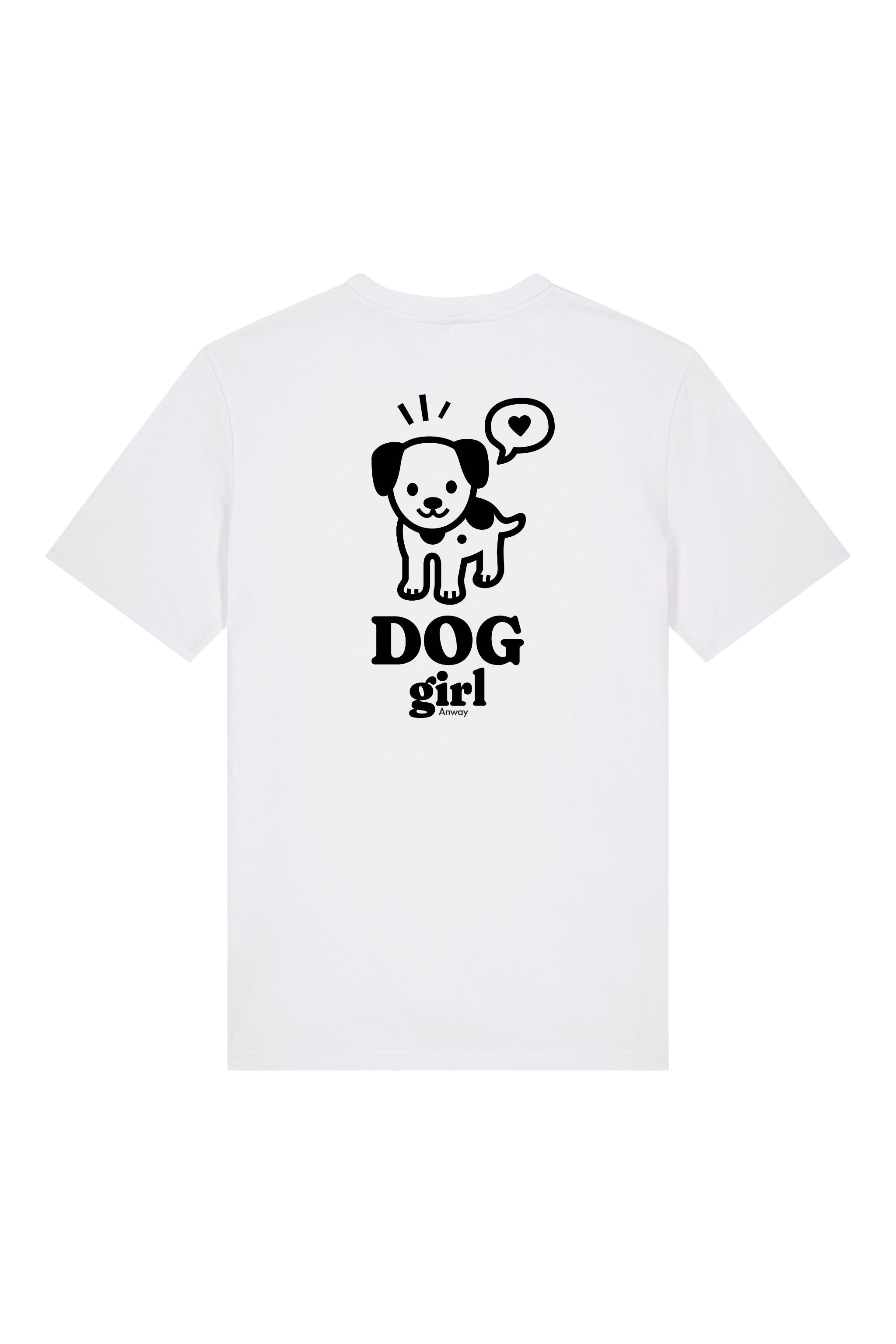 T-Shirt aus 100 % Bio-Baumwolle mit normaler Passform, erhältlich in verschiedenen Farben wie Blue Soul, Cotton Pink, Lavender, Aloe, Weiss und Schwarz. Individuell bedruckbar mit Wunschmotiv. Weiches, angenehm leichtes Material für hohen Tragekomfort. Ideal für einen zeitgemässen, entspannten Look. Grosser schwarzer Hundedruck mit Sprechblase und der Aufschrift „DOG girl“ auf der Rückseite.