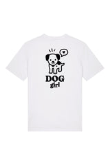 T-Shirt aus 100 % Bio-Baumwolle mit normaler Passform, erhältlich in verschiedenen Farben wie Blue Soul, Cotton Pink, Lavender, Aloe, Weiss und Schwarz. Individuell bedruckbar mit Wunschmotiv. Weiches, angenehm leichtes Material für hohen Tragekomfort. Ideal für einen zeitgemässen, entspannten Look. Vorderseite: Mit kleinem schwarzen Druck eines fröhlichen Hundes auf der linken Brust. Rückseite: Grosser schwarzer Hundedruck mit Sprechblase und der Aufschrift „DOG girl“.