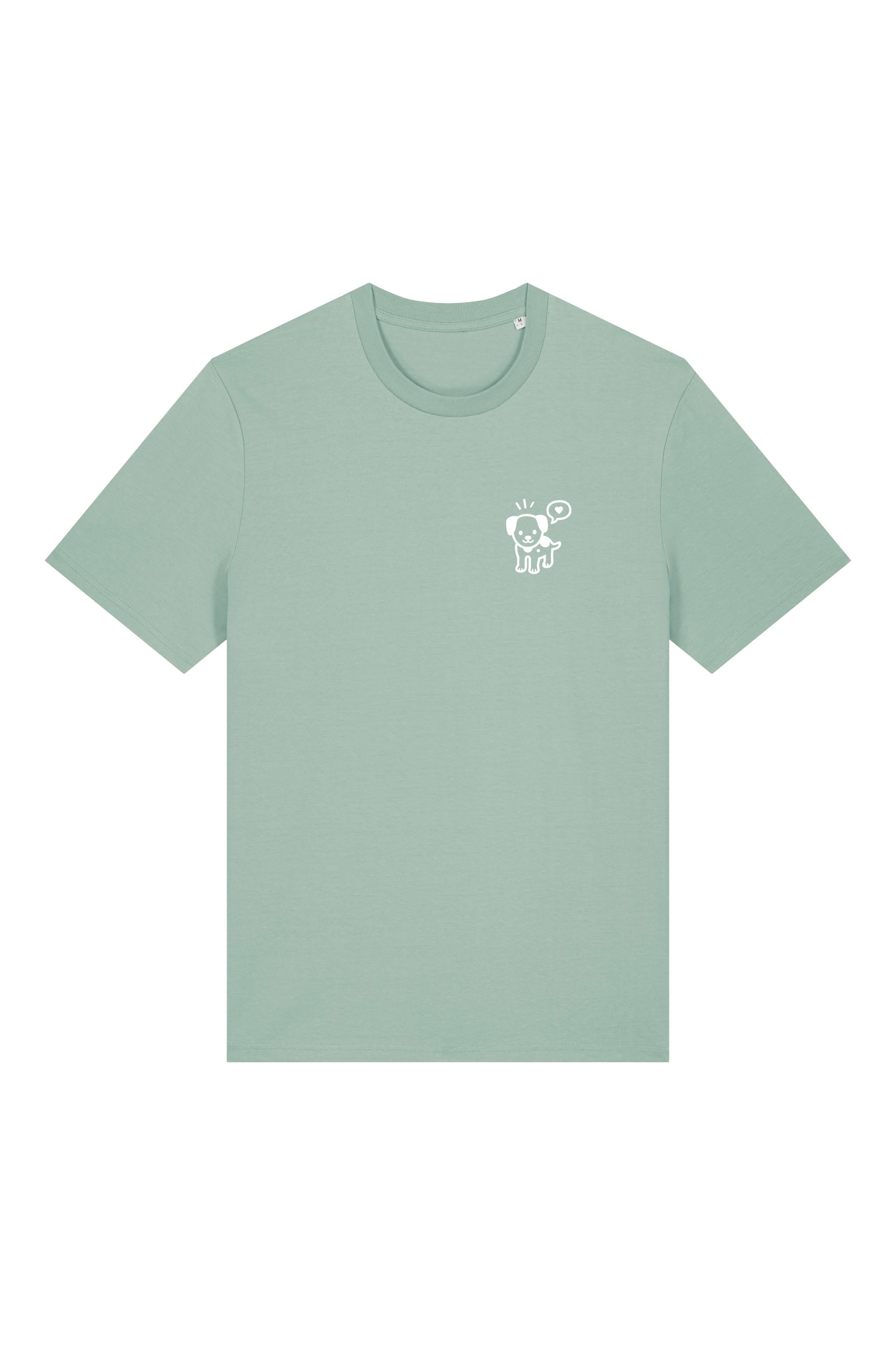 T-Shirt aus 100 % Bio-Baumwolle mit normaler Passform, erhältlich in verschiedenen Farben wie Blue Soul, Cotton Pink, Lavender, Aloe, Weiss und Schwarz. Individuell bedruckbar mit Wunschmotiv. Weiches, angenehm leichtes Material für hohen Tragekomfort. Ideal für einen zeitgemässen, entspannten Look. Mit kleinem weissen Druck eines fröhlichen Hundes auf der linken Brust.