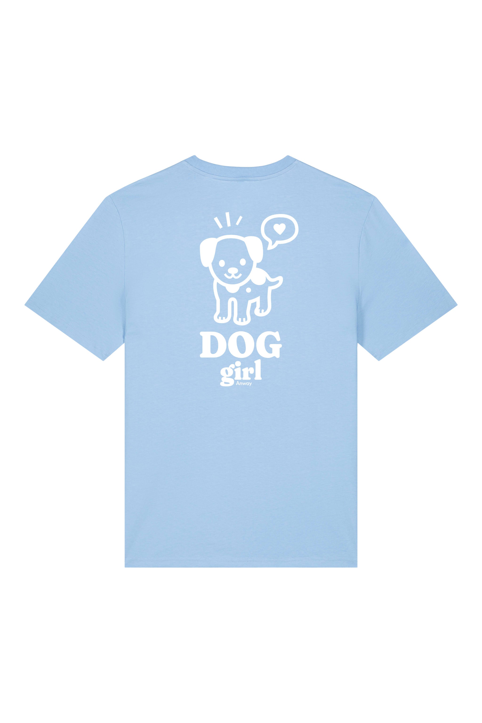 T-Shirt aus 100 % Bio-Baumwolle mit normaler Passform, erhältlich in verschiedenen Farben wie Blue Soul, Cotton Pink, Lavender, Aloe, Weiss und Schwarz. Individuell bedruckbar mit Wunschmotiv. Weiches, angenehm leichtes Material für hohen Tragekomfort. Ideal für einen zeitgemässen, entspannten Look. Vorderseite: Mit kleinem weissen Druck eines fröhlichen Hundes auf der linken Brust. Rückseite: Grosser weisser Hundedruck mit Sprechblase und der Aufschrift „DOG girl“.