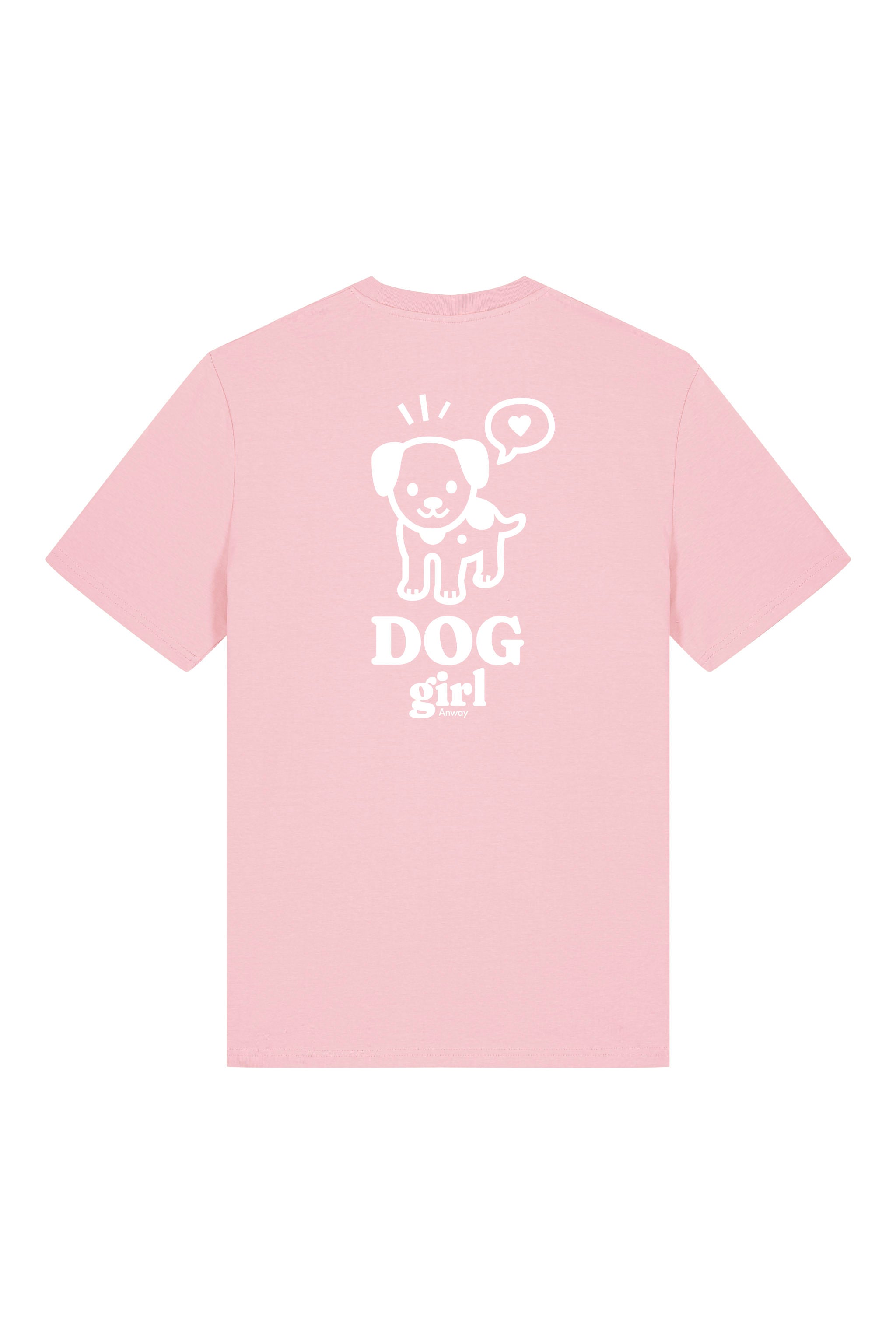T-Shirt aus 100 % Bio-Baumwolle mit normaler Passform, erhältlich in verschiedenen Farben wie Blue Soul, Cotton Pink, Lavender, Aloe, Weiss und Schwarz. Individuell bedruckbar mit Wunschmotiv. Weiches, angenehm leichtes Material für hohen Tragekomfort. Ideal für einen zeitgemässen, entspannten Look. Vorderseite: Mit kleinem weissen Druck eines fröhlichen Hundes auf der linken Brust. Rückseite: Grosser weisser Hundedruck mit Sprechblase und der Aufschrift „DOG girl“.
