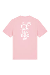 T-Shirt aus 100 % Bio-Baumwolle mit normaler Passform, erhältlich in verschiedenen Farben wie Blue Soul, Cotton Pink, Lavender, Aloe, Weiss und Schwarz. Individuell bedruckbar mit Wunschmotiv. Weiches, angenehm leichtes Material für hohen Tragekomfort. Ideal für einen zeitgemässen, entspannten Look. Vorderseite: Mit kleinem weissen Druck eines fröhlichen Hundes auf der linken Brust. Rückseite: Grosser weisser Hundedruck mit Sprechblase und der Aufschrift „DOG girl“.