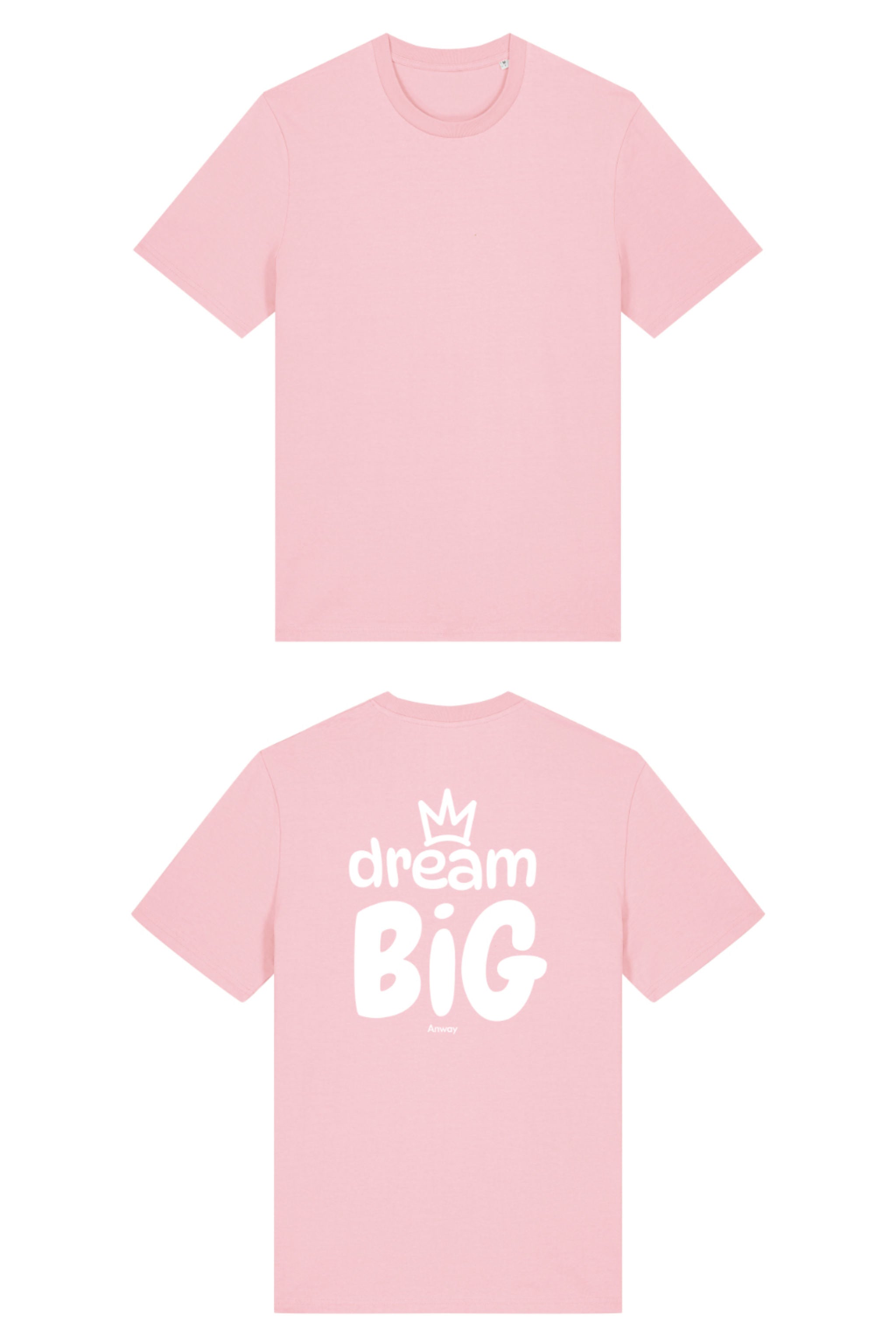 T-Shirt aus 100 % Bio-Baumwolle mit normaler Passform, erhältlich in verschiedenen Farben wie Blue Soul, Cotton Pink, Lavender, Aloe, Weiss und Schwarz. Individuell bedruckbar mit Wunschmotiv. Weiches, angenehm leichtes Material für hohen Tragekomfort. Ideal für einen zeitgemässen, entspannten Look. Grosser Schriftzug „dream BIG“ mit Krone darüber auf der Rückseite.