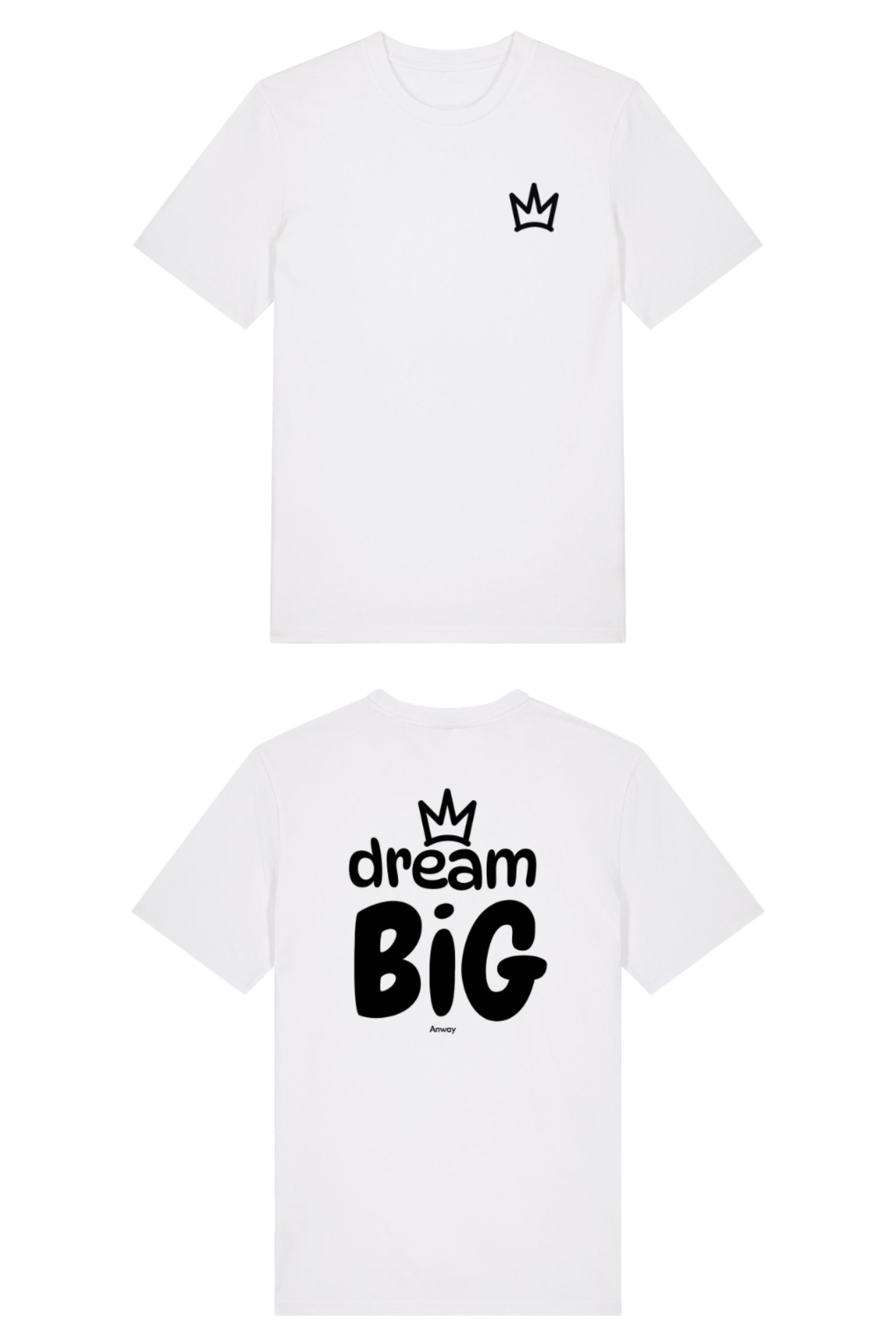 T-Shirt aus 100 % Bio-Baumwolle mit normaler Passform, erhältlich in verschiedenen Farben wie Blue Soul, Cotton Pink, Lavender, Aloe, Weiss und Schwarz. Individuell bedruckbar mit Wunschmotiv. Weiches, angenehm leichtes Material für hohen Tragekomfort. Ideal für einen zeitgemässen, entspannten Look. Vorderseite: Krone auf der linken Brust. Rückseite: Grosser Schriftzug „dream BIG“ mit Krone darüber.