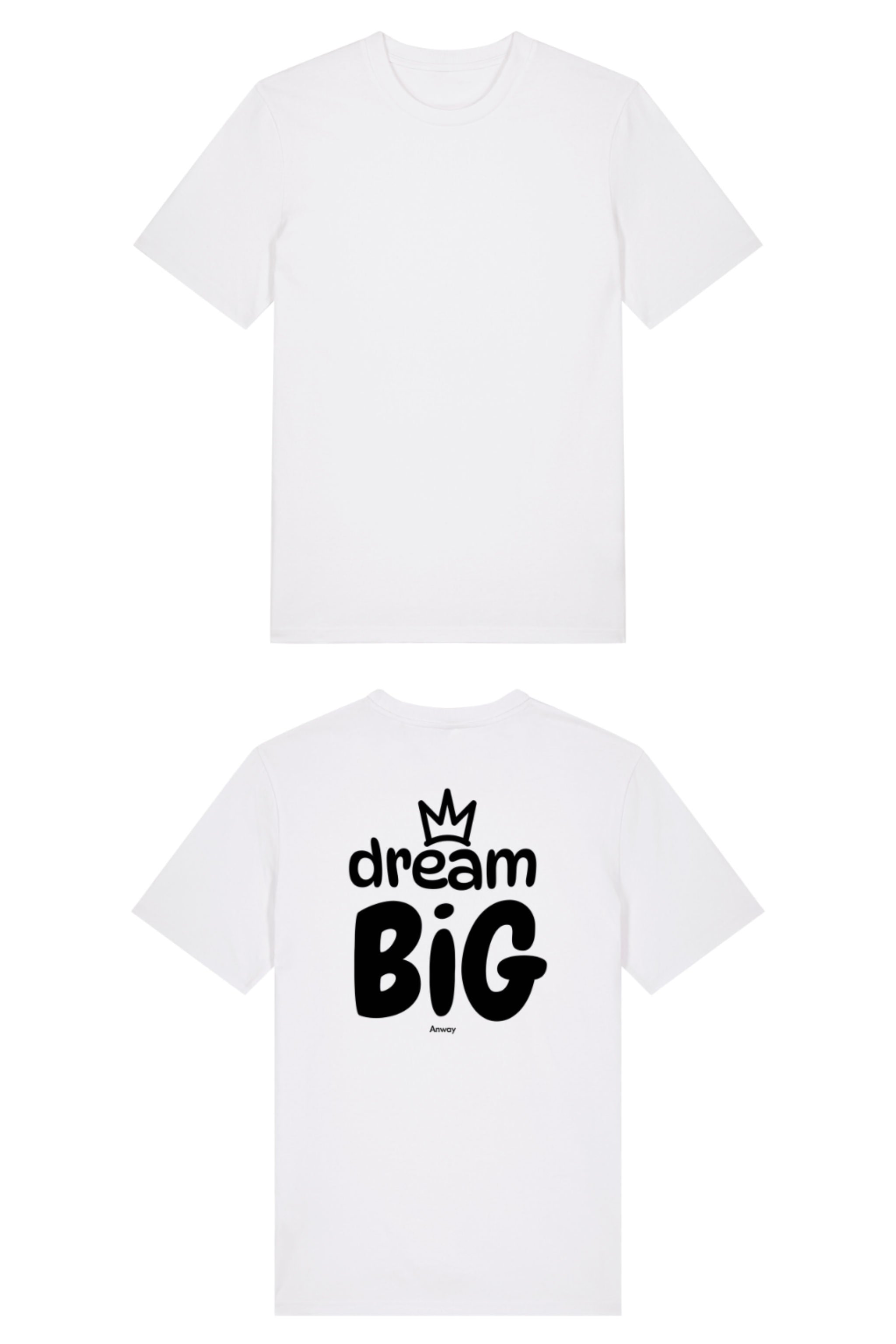 T-Shirt aus 100 % Bio-Baumwolle mit normaler Passform, erhältlich in verschiedenen Farben wie Blue Soul, Cotton Pink, Lavender, Aloe, Weiss und Schwarz. Individuell bedruckbar mit Wunschmotiv. Weiches, angenehm leichtes Material für hohen Tragekomfort. Ideal für einen zeitgemässen, entspannten Look. Grosser Schriftzug „dream BIG“ mit Krone darüber auf der Rückseite.
