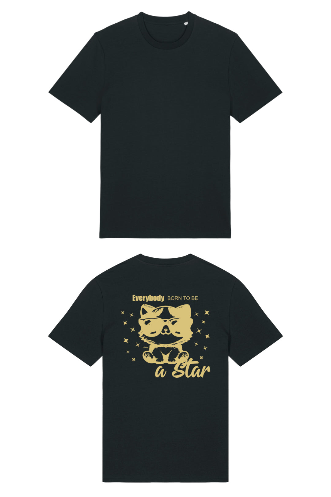 T-Shirt in Schwarz mit goldenem Backprint «Everybody Born to Be a Star» – Vorder- und Rückansicht