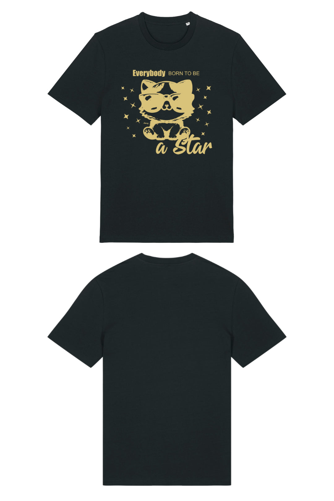 T-Shirt in Schwarz mit goldenem Print vorne «Everybody Born to Be a Star» – Vorder- und Rückansicht