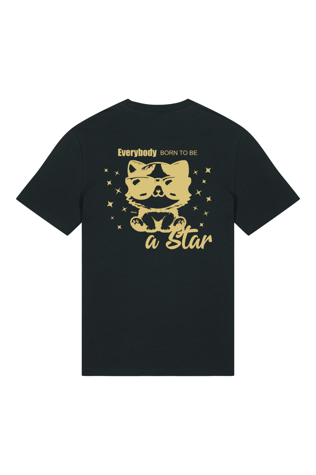 T-Shirt in Schwarz mit goldenem Backprint «Everybody Born to Be a Star», Katze mit Sonnenbrille – Rückansicht