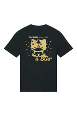 T-Shirt in Schwarz mit goldenem Backprint «Everybody Born to Be a Star», Katze mit Sonnenbrille – Rückansicht