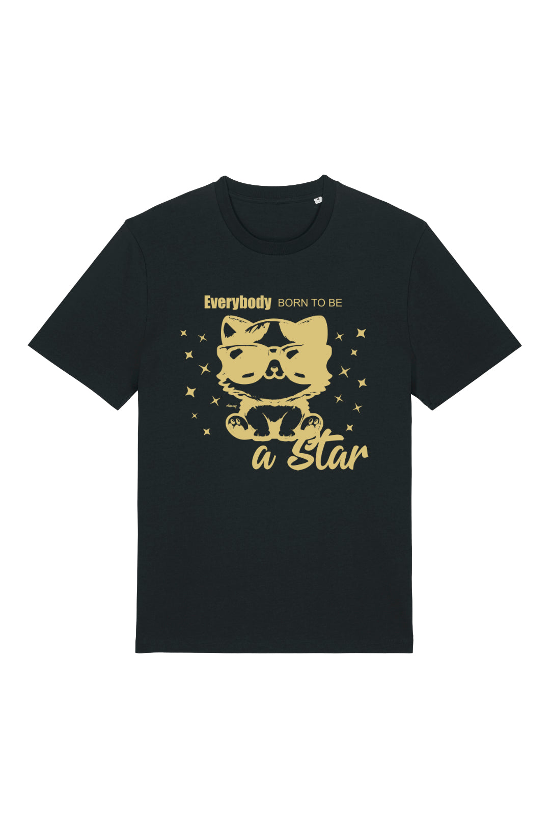T-Shirt in Schwarz mit goldenem Print «Everybody Born to Be a Star», Katze mit Sonnenbrille – Vorderansicht