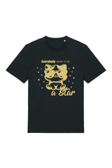 T-Shirt in Schwarz mit goldenem Print «Everybody Born to Be a Star», Katze mit Sonnenbrille – Vorderansicht