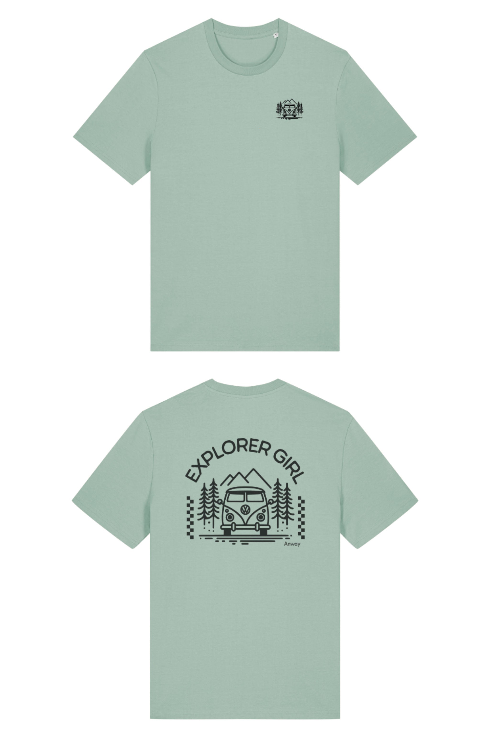 T-Shirt aus 100 % Bio-Baumwolle mit normaler Passform, erhältlich in verschiedenen Farben wie Blue Soul, Cotton Pink, Lavender, Aloe, Weiss und Schwarz. Individuell bedruckbar mit Wunschmotiv. Weiches, angenehm leichtes Material für hohen Tragekomfort. Ideal für einen zeitgemässen, entspannten Look. Mit Aufdruck auf dem Rücken "EXPLORER GIRL", einem VW-Bus, Tannen und Bergen und einem kleinen Aufdruck auf der linken Brust – modernes Design für Outdoor-Liebhaberinnen.