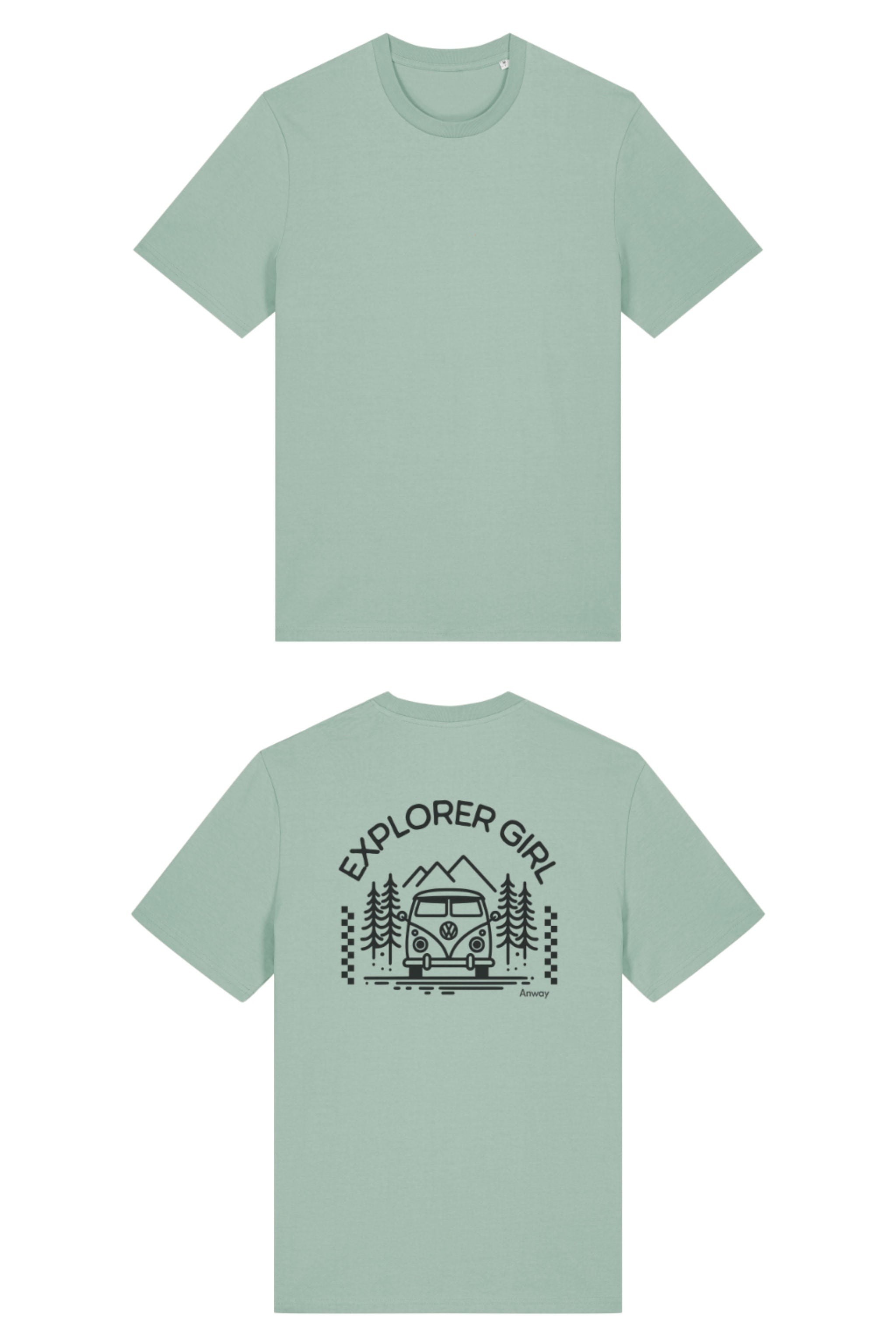 T-Shirt aus 100 % Bio-Baumwolle mit normaler Passform, erhältlich in verschiedenen Farben wie Blue Soul, Cotton Pink, Lavender, Aloe, Weiss und Schwarz. Individuell bedruckbar mit Wunschmotiv. Weiches, angenehm leichtes Material für hohen Tragekomfort. Ideal für einen zeitgemässen, entspannten Look. Mit Aufdruck auf dem Rücken "EXPLORER GIRL", einem VW-Bus, Tannen und Bergen – modernes Design für Outdoor-Liebhaberinnen.