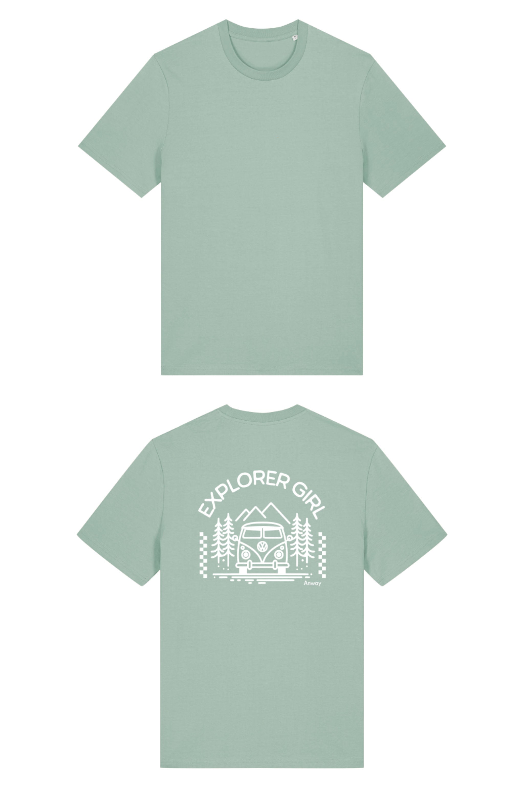 T-Shirt aus 100 % Bio-Baumwolle mit normaler Passform, erhältlich in verschiedenen Farben wie Blue Soul, Cotton Pink, Lavender, Aloe, Weiss und Schwarz. Individuell bedruckbar mit Wunschmotiv. Weiches, angenehm leichtes Material für hohen Tragekomfort. Ideal für einen zeitgemässen, entspannten Look. Mit Aufdruck auf dem Rücken "EXPLORER GIRL", einem VW-Bus, Tannen und Bergen – modernes Design für Outdoor-Liebhaberinnen.
